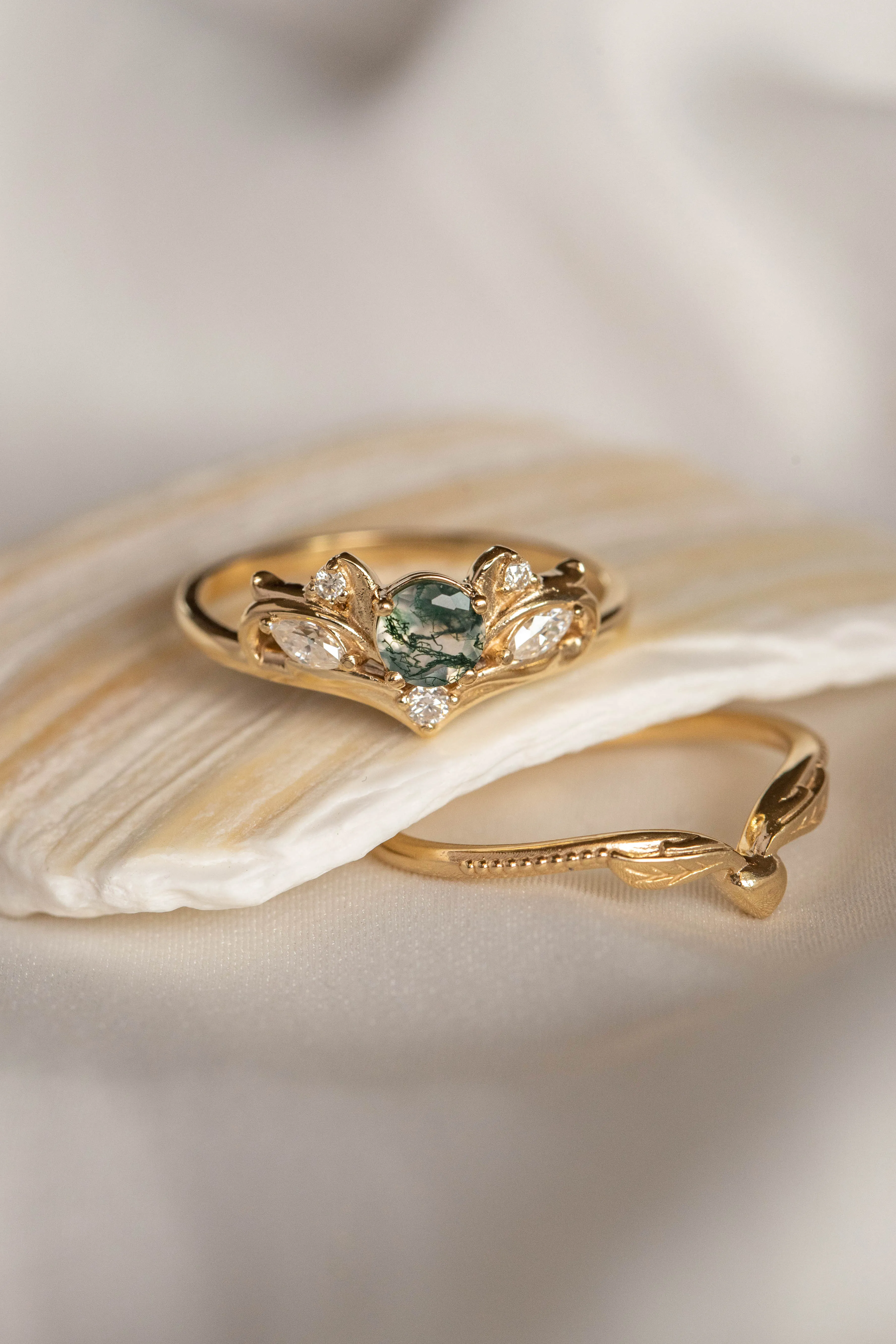 Moss agate and diamonds engagement ring, baroque inspired gold ring / Swanlake