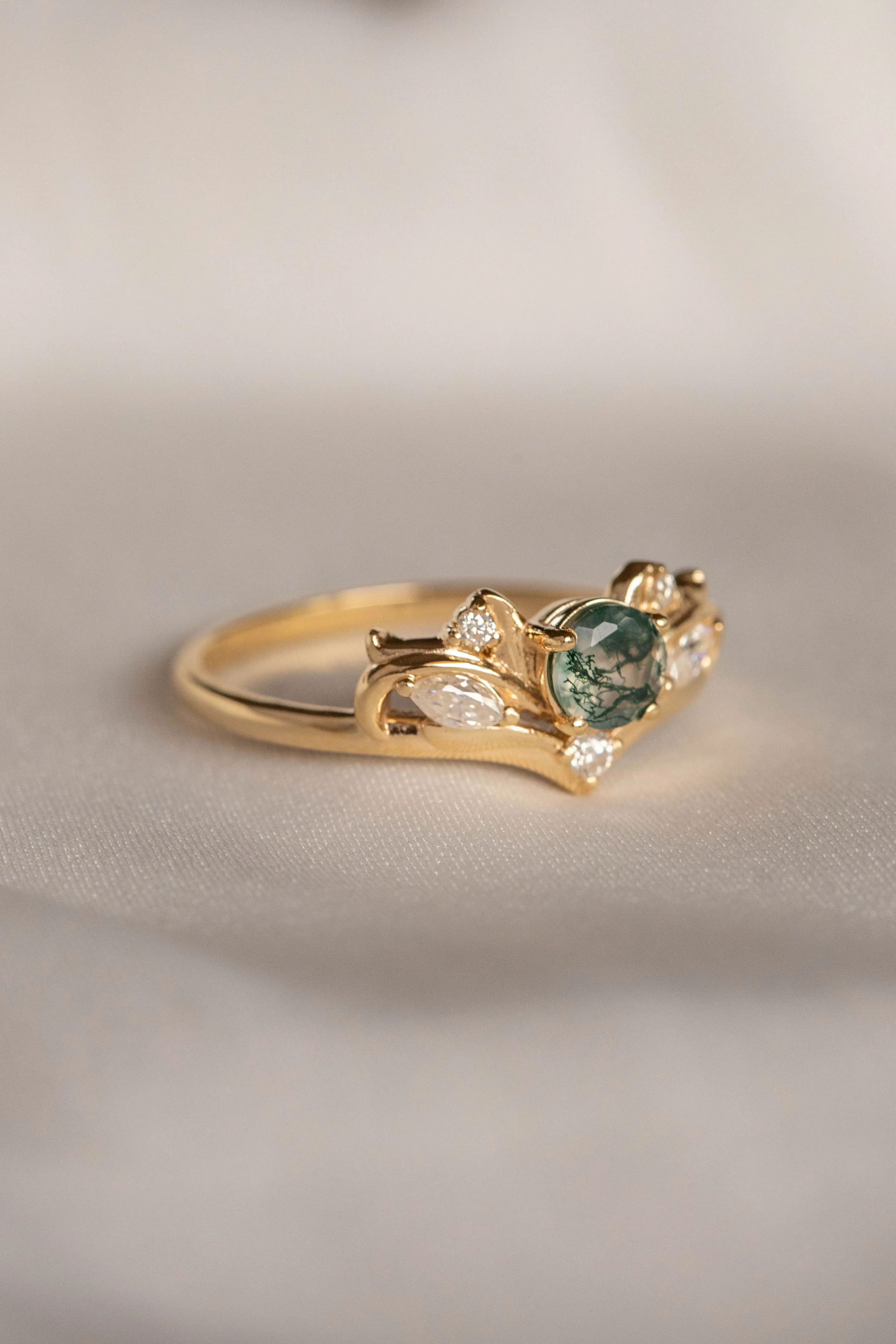 Moss agate and diamonds engagement ring, baroque inspired gold ring / Swanlake