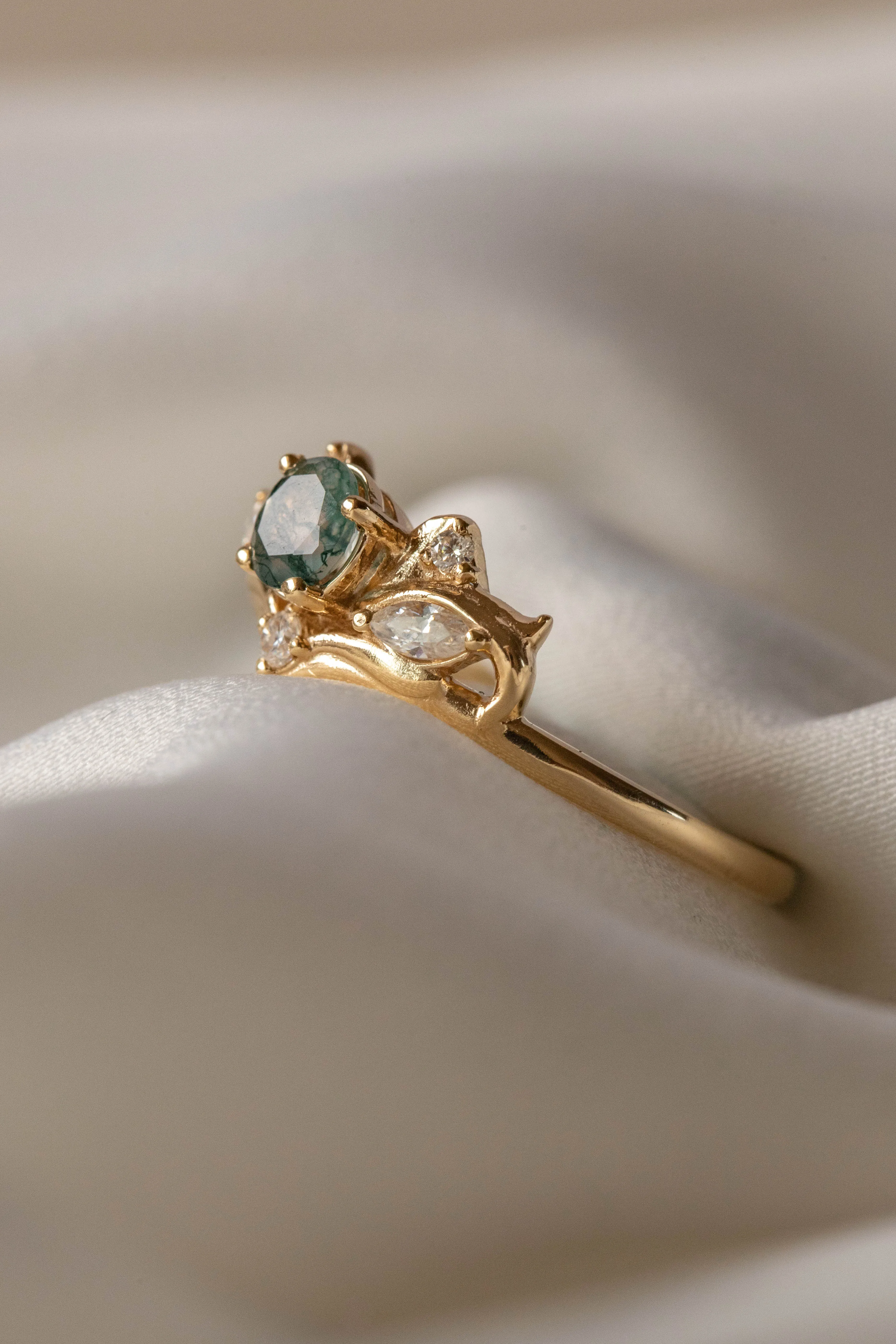 Moss agate and diamonds engagement ring, baroque inspired gold ring / Swanlake