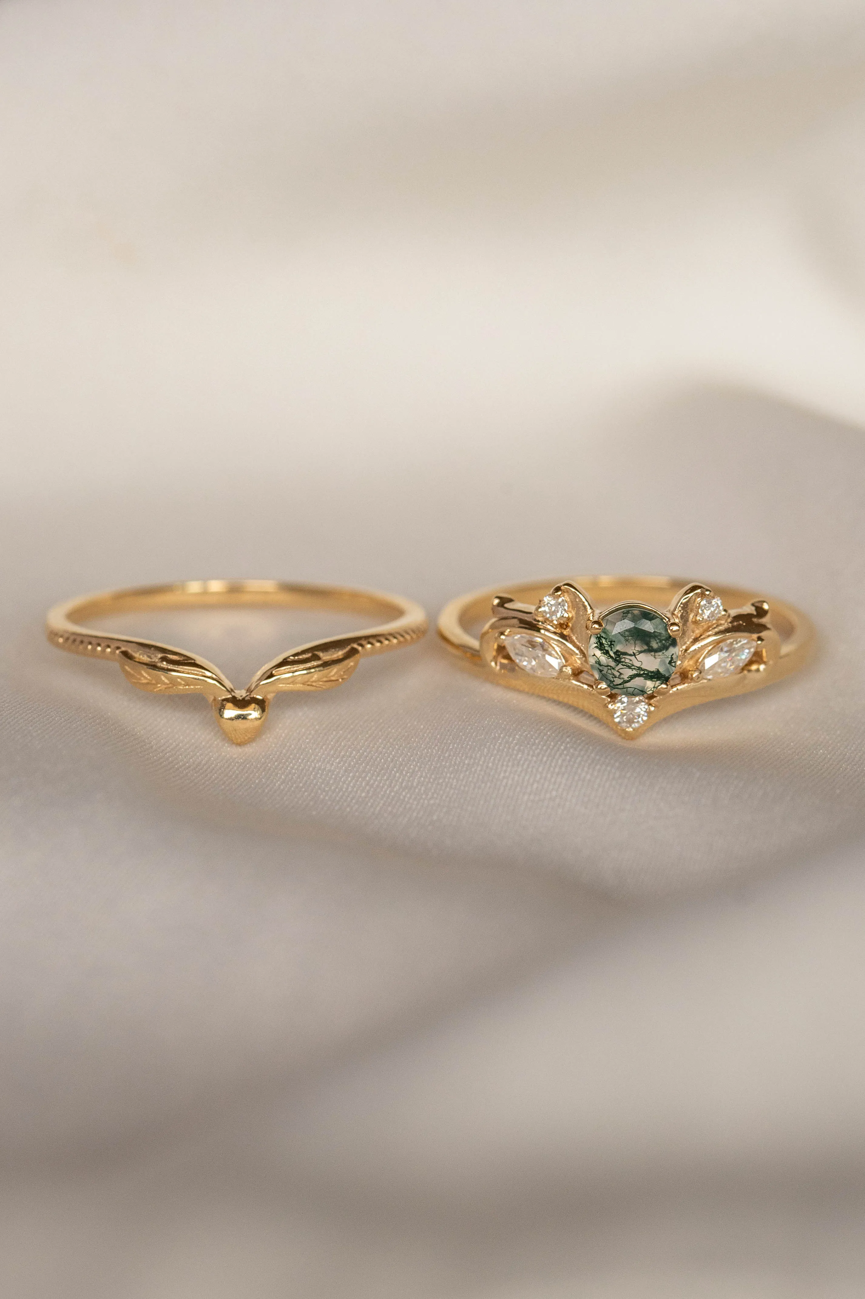 Moss agate and diamonds engagement ring, baroque inspired gold ring / Swanlake