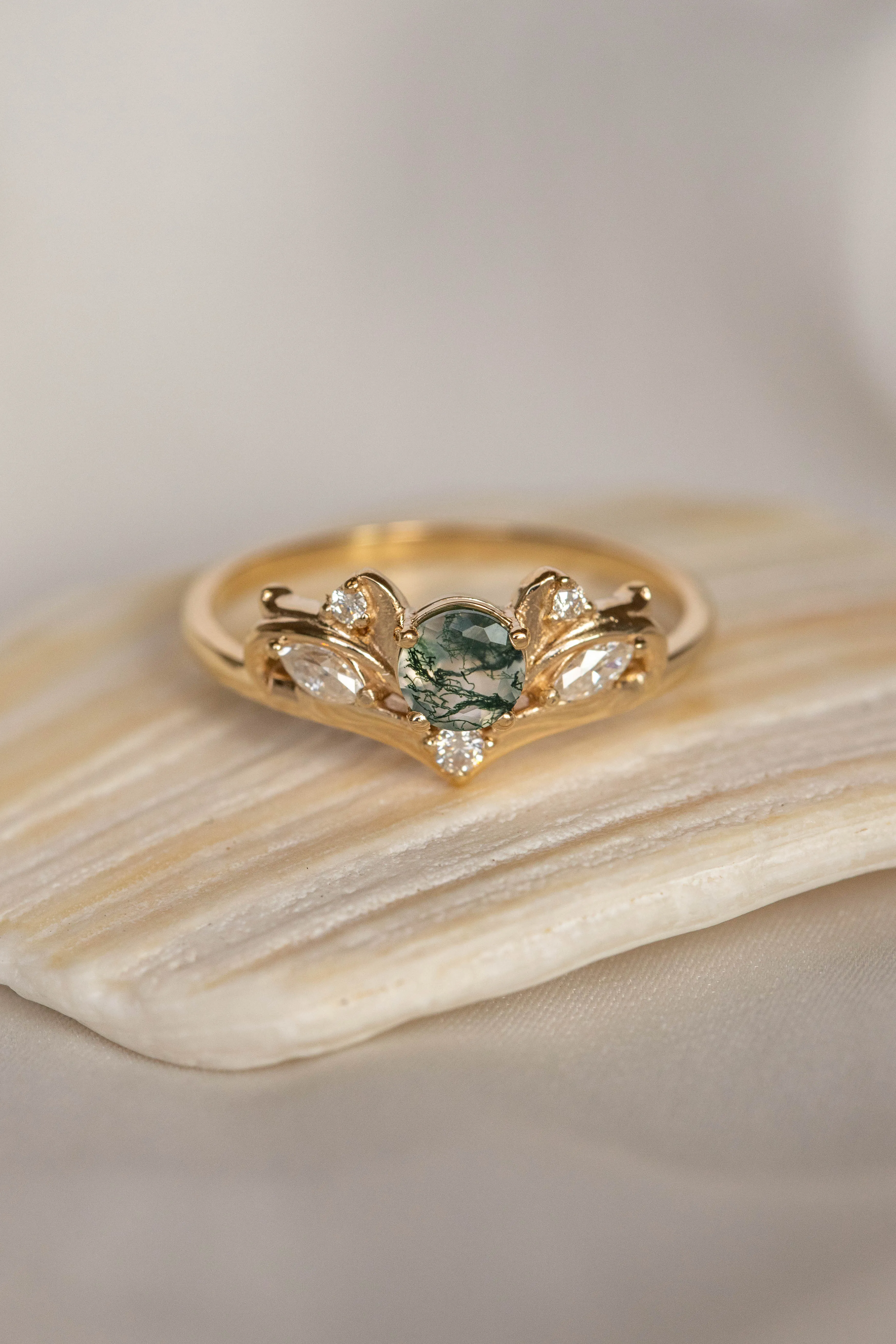 Moss agate and diamonds engagement ring, baroque inspired gold ring / Swanlake