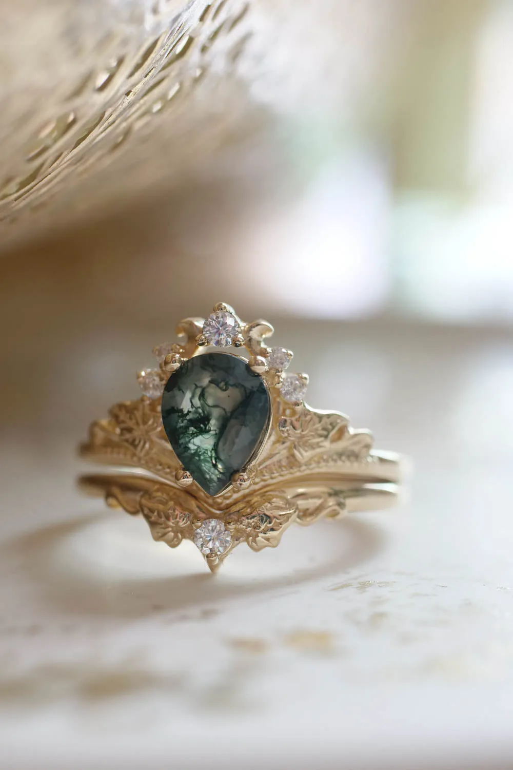 Natural moss agate bridal ring set, alternative engagement ring set / Ariadne