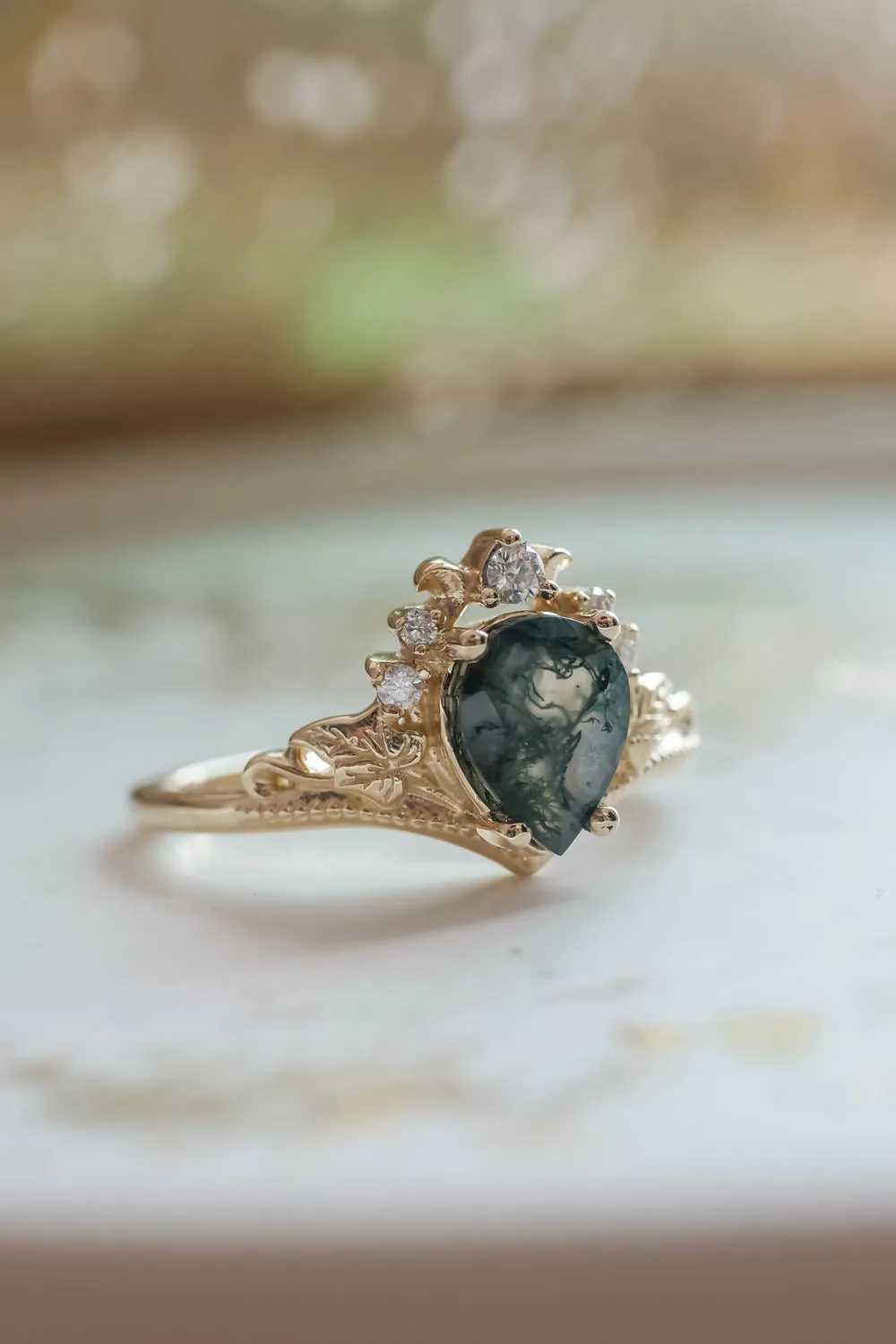 Natural moss agate bridal ring set, alternative engagement ring set / Ariadne