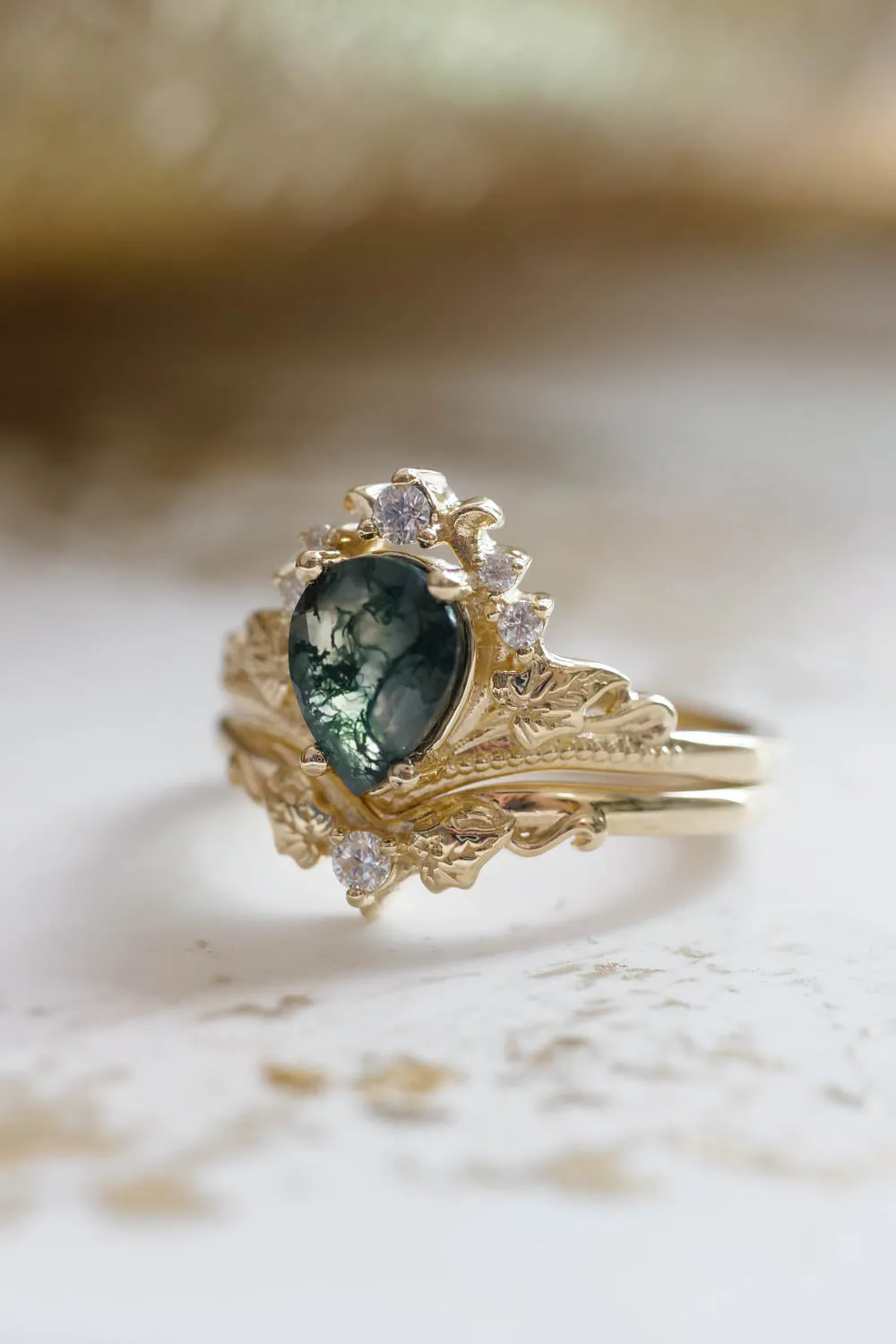 Natural moss agate bridal ring set, alternative engagement ring set / Ariadne