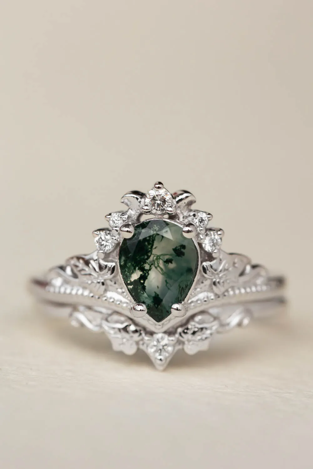 Natural moss agate bridal ring set, alternative engagement ring set / Ariadne