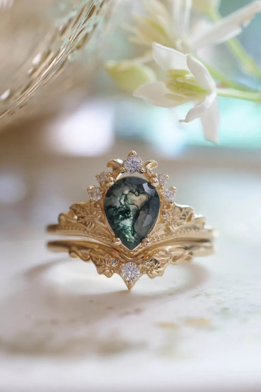 Natural moss agate bridal ring set, alternative engagement ring set / Ariadne