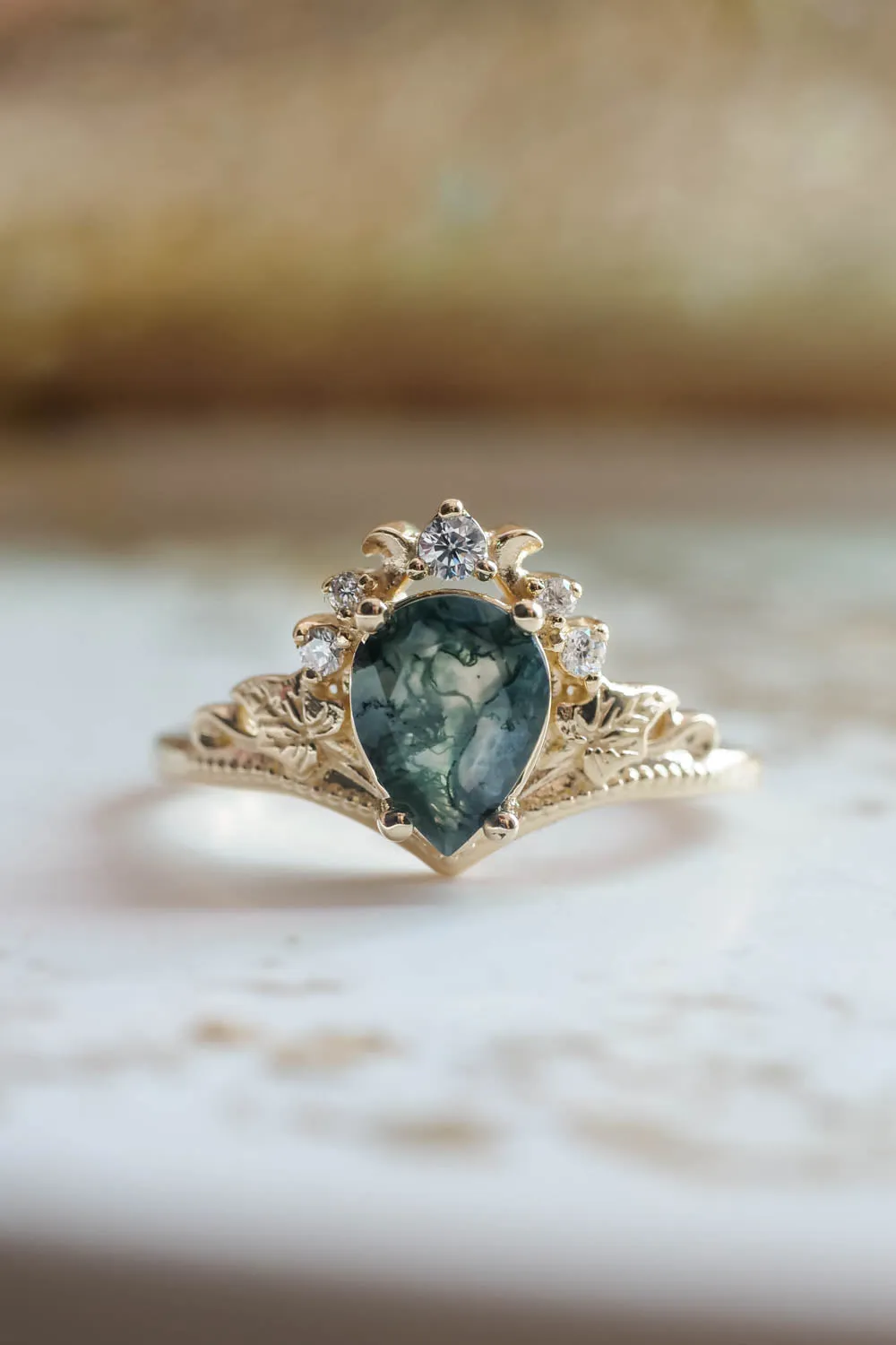 Natural moss agate bridal ring set, alternative engagement ring set / Ariadne