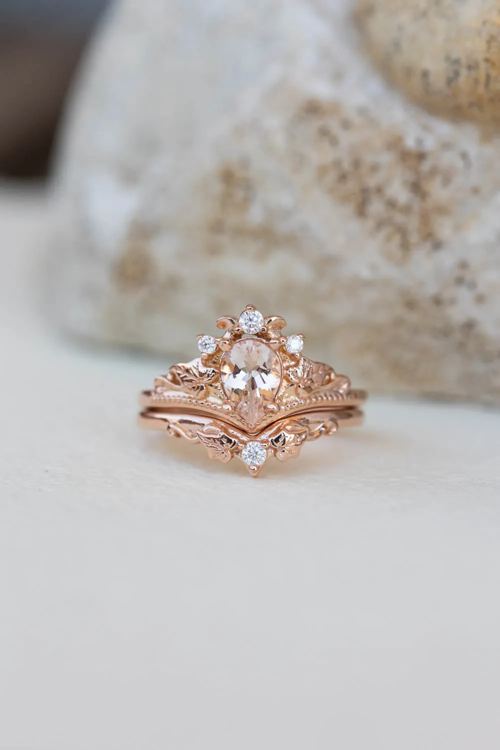 Natural pear morganite bridal ring set, rose gold ivy leaves engagement rings / Ariadne