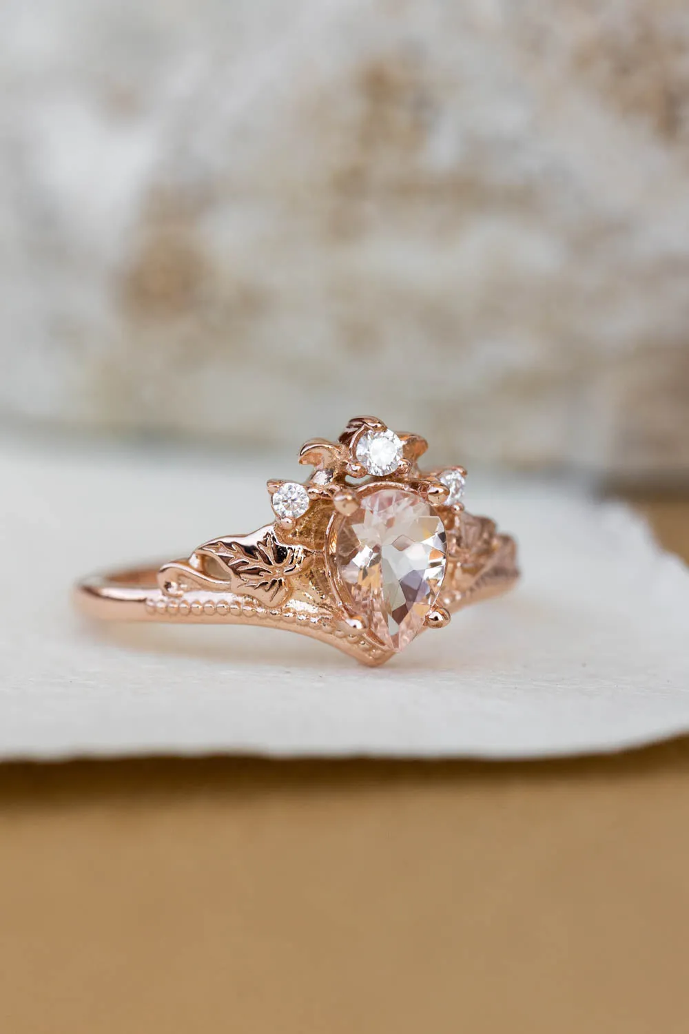 Natural pear morganite bridal ring set, rose gold ivy leaves engagement rings / Ariadne