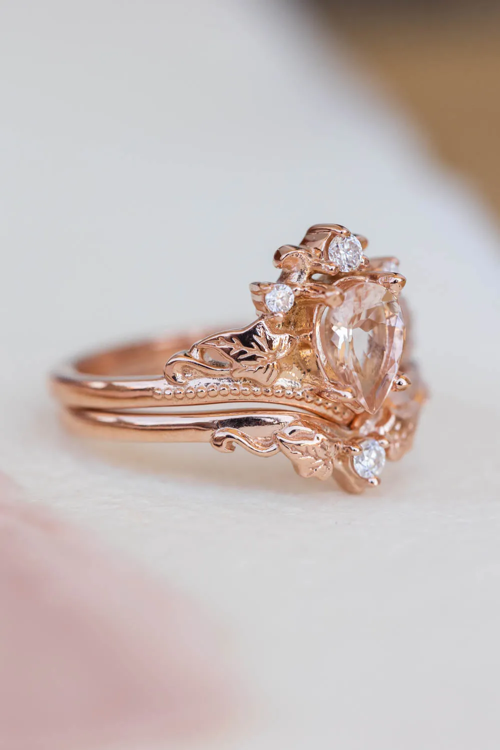 Natural pear morganite bridal ring set, rose gold ivy leaves engagement rings / Ariadne