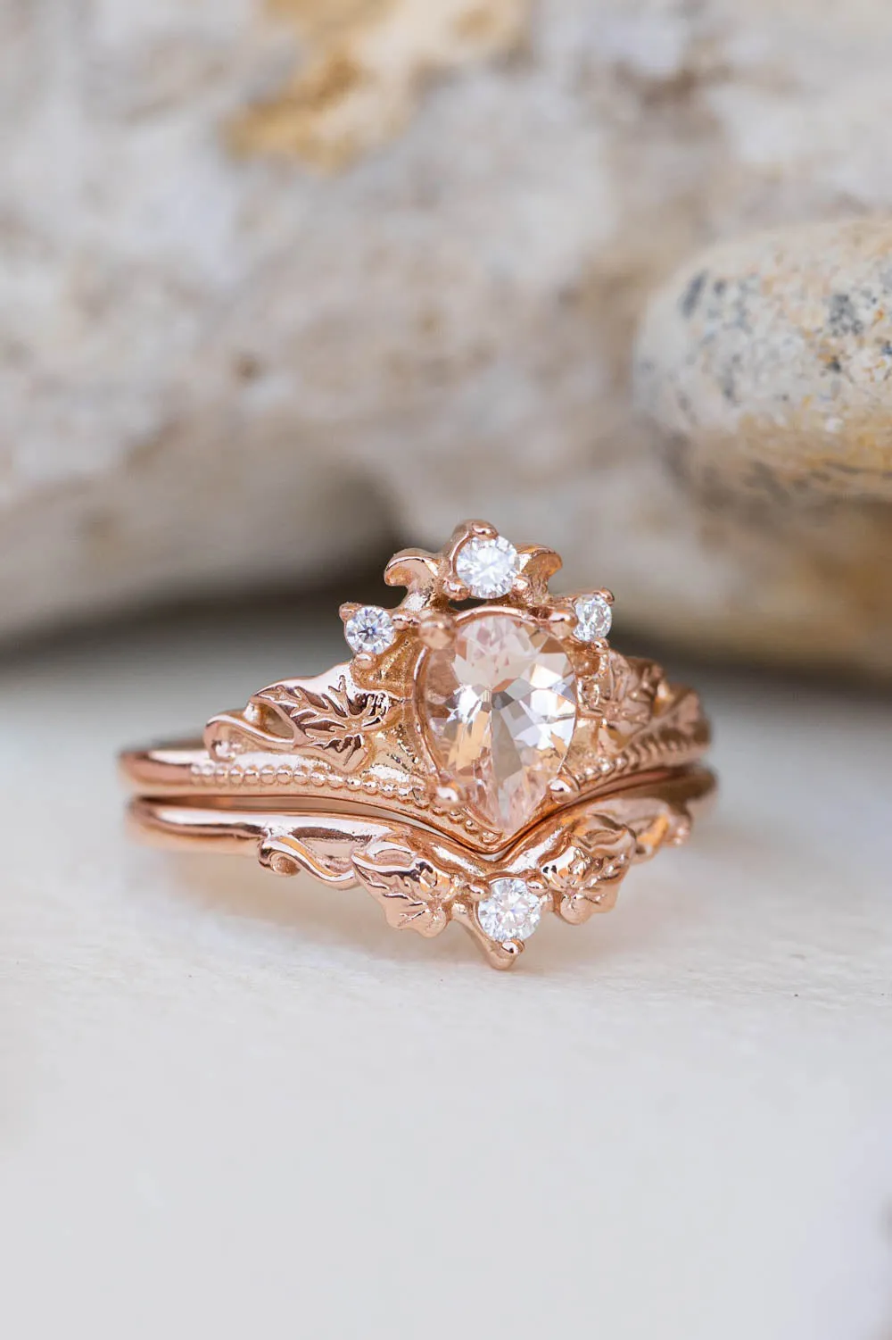 Natural pear morganite bridal ring set, rose gold ivy leaves engagement rings / Ariadne