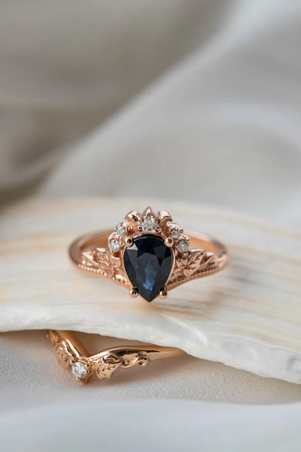 Natural sapphire bridal ring set, dark blue sapphire engagement ring set with diamonds / Ariadne