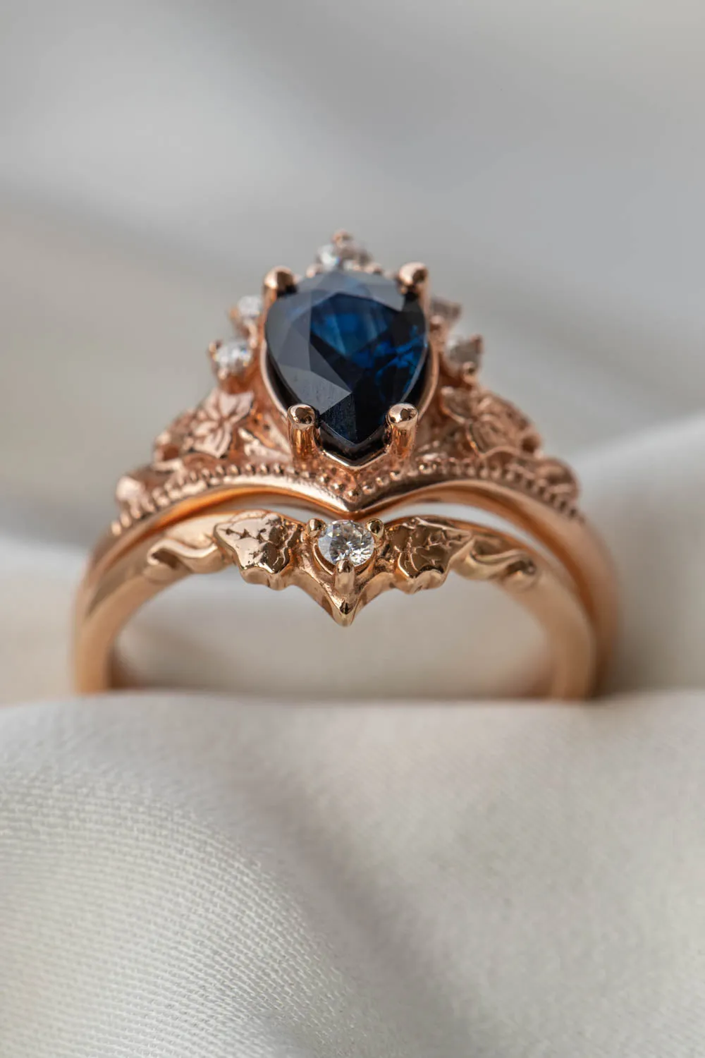 Natural sapphire bridal ring set, dark blue sapphire engagement ring set with diamonds / Ariadne