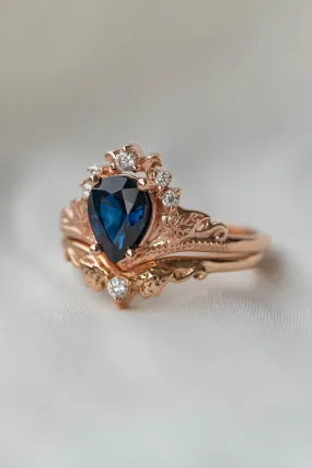 Natural sapphire bridal ring set, dark blue sapphire engagement ring set with diamonds / Ariadne