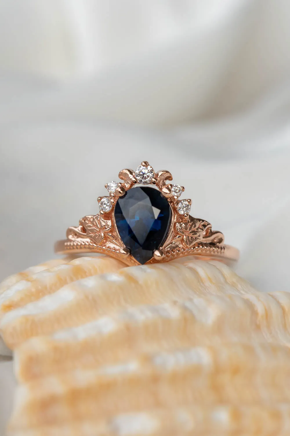 Natural sapphire bridal ring set, dark blue sapphire engagement ring set with diamonds / Ariadne