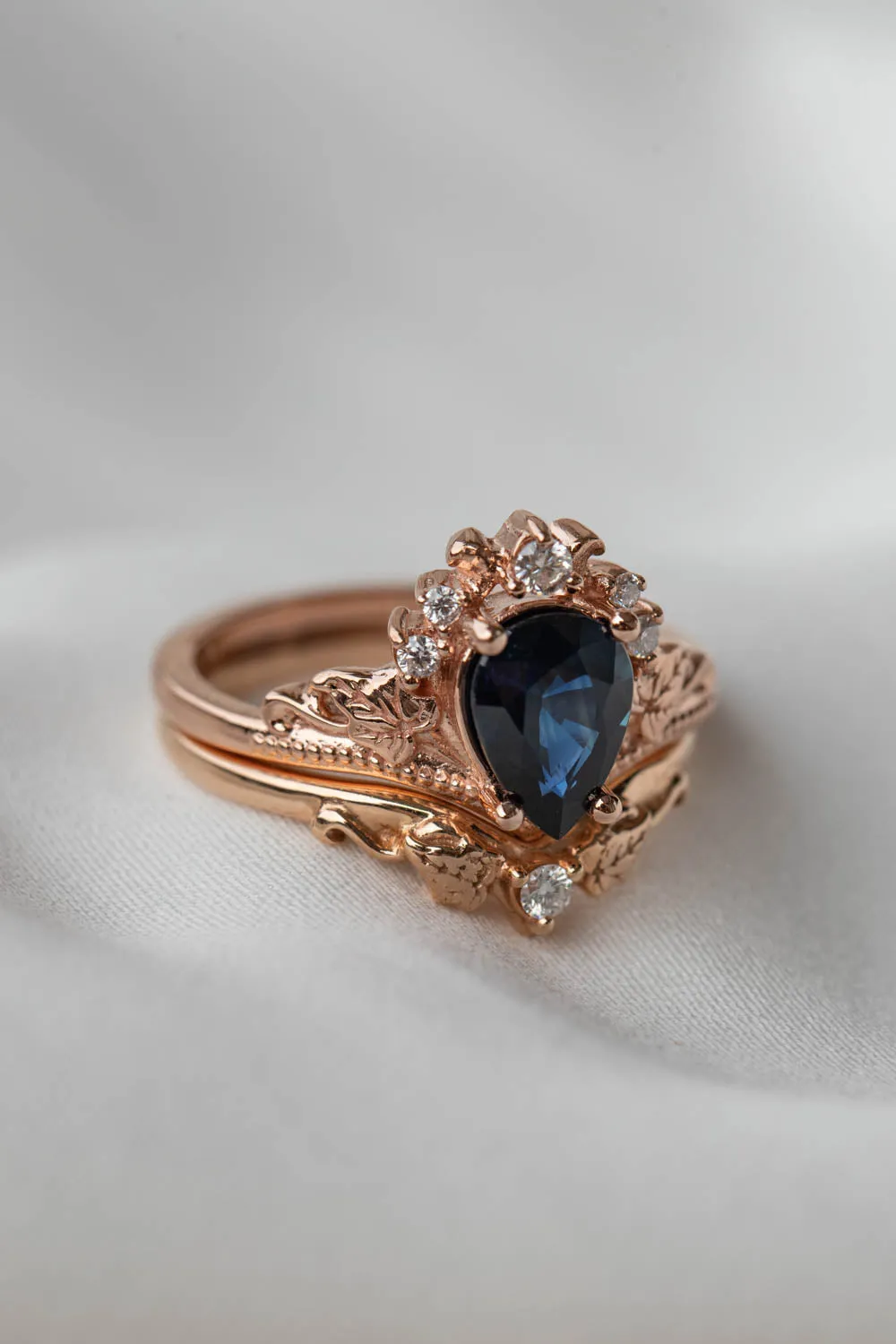 Natural sapphire bridal ring set, dark blue sapphire engagement ring set with diamonds / Ariadne