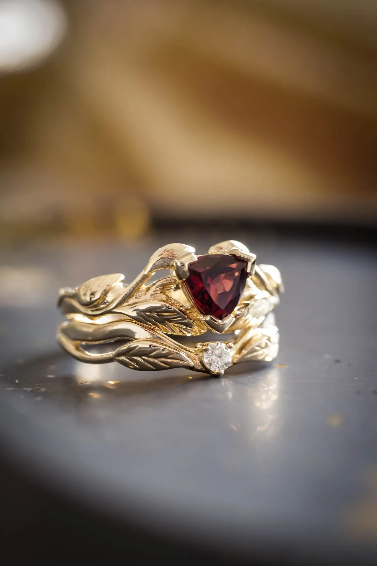 Nature themed engagement ring set with garnet and diamond / Clematis