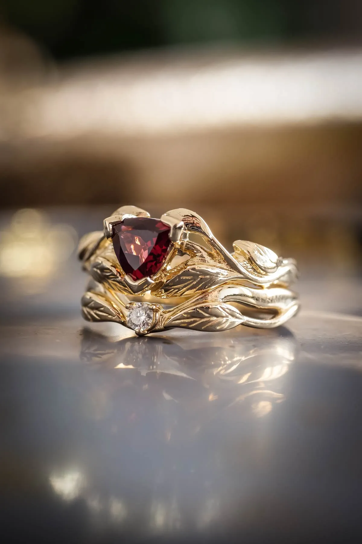 Nature themed engagement ring set with garnet and diamond / Clematis