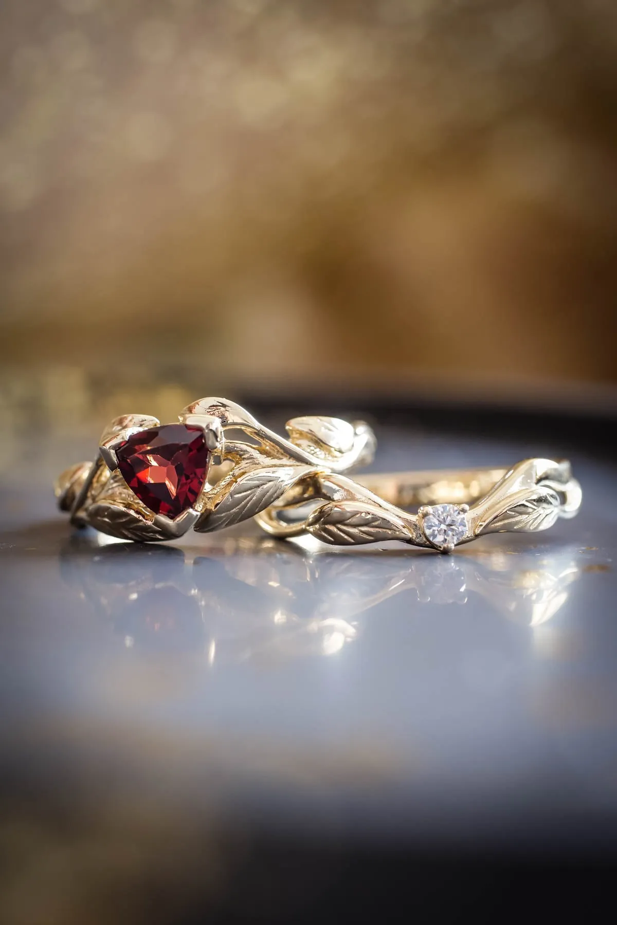 Nature themed engagement ring set with garnet and diamond / Clematis