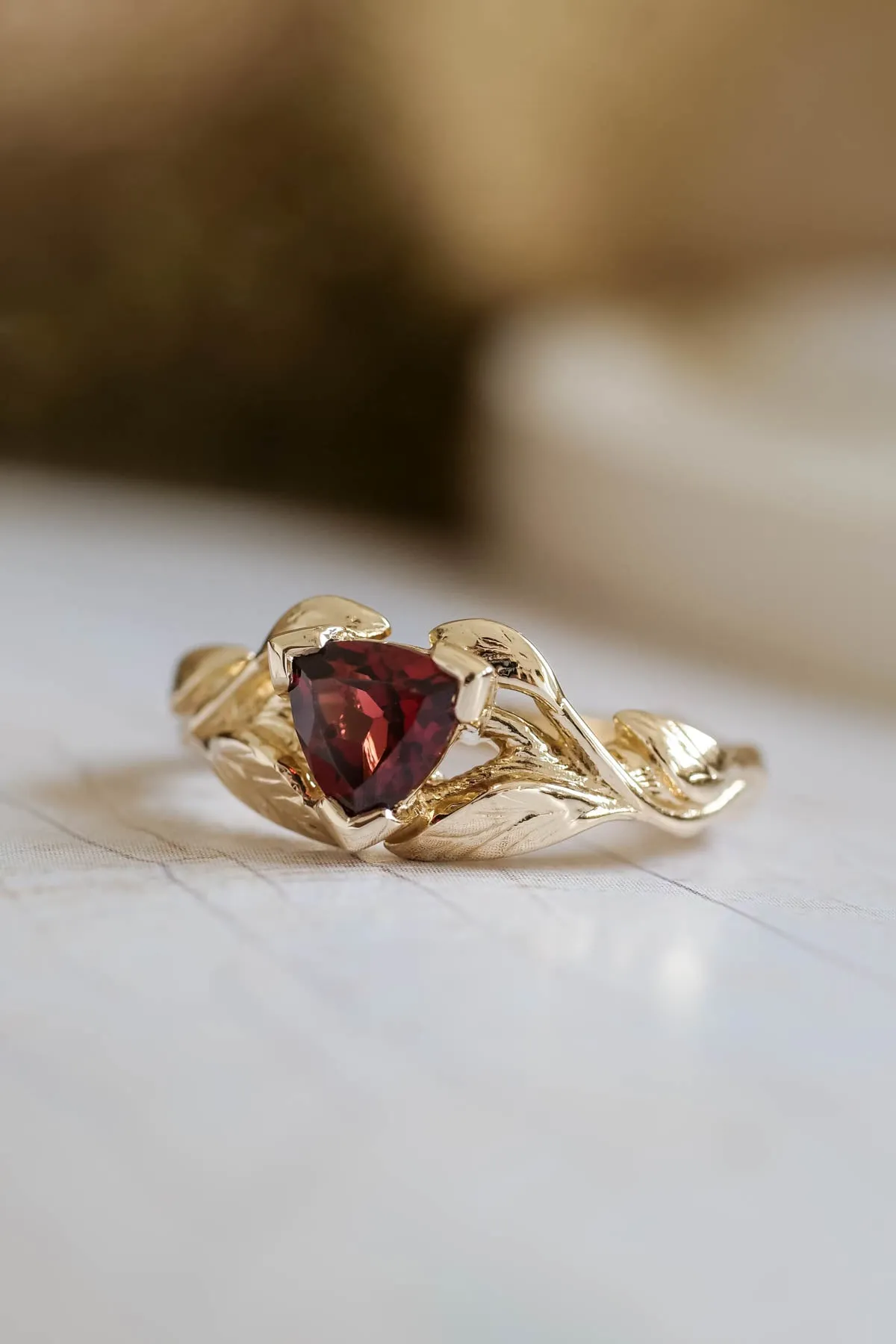 Nature themed engagement ring set with garnet and diamond / Clematis