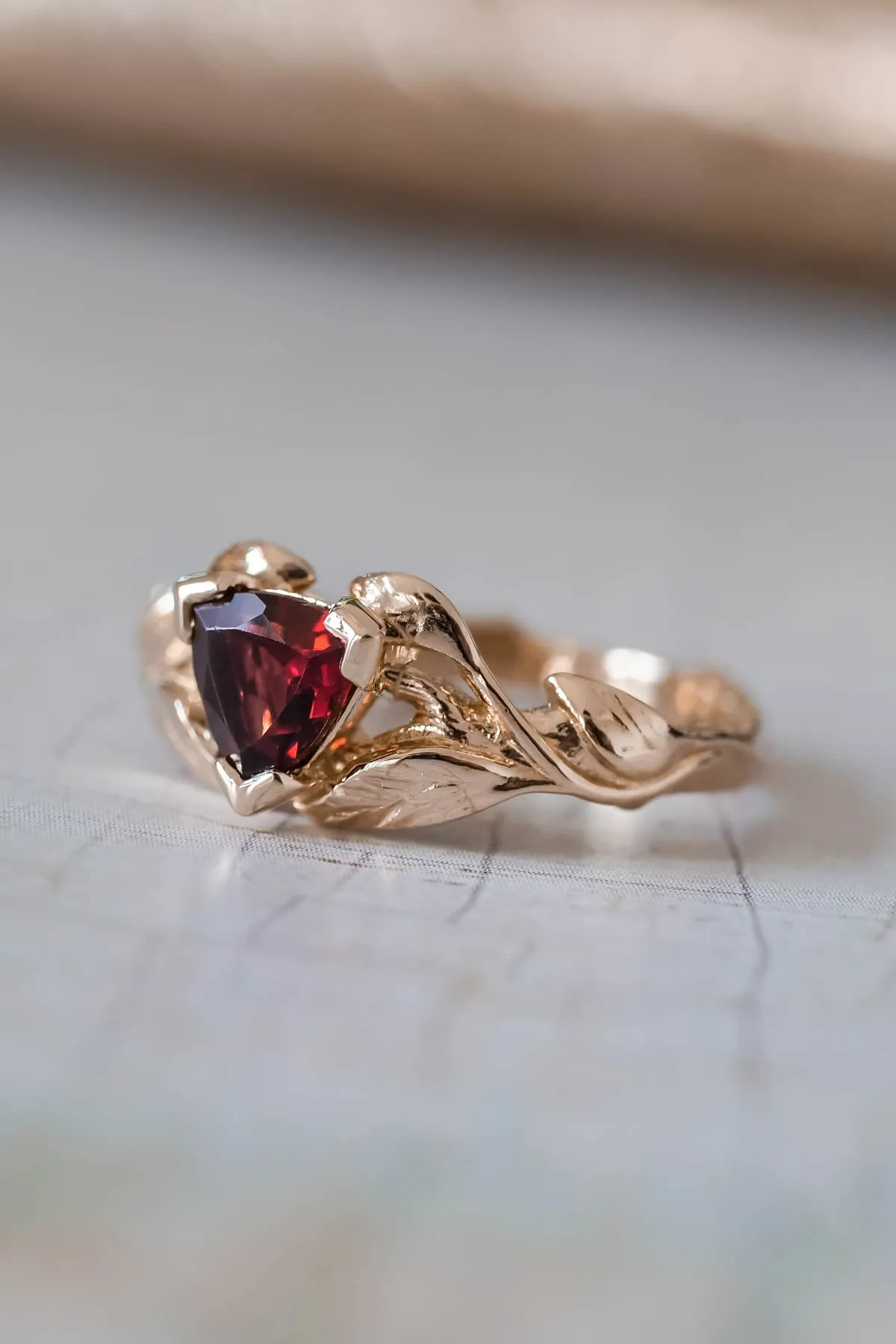 Nature themed engagement ring set with garnet and diamond / Clematis