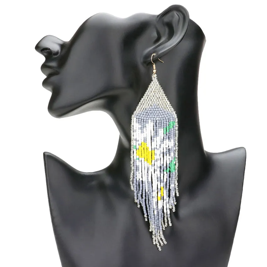 Pattern Detailed Beaded Fringe Dangle Earrings