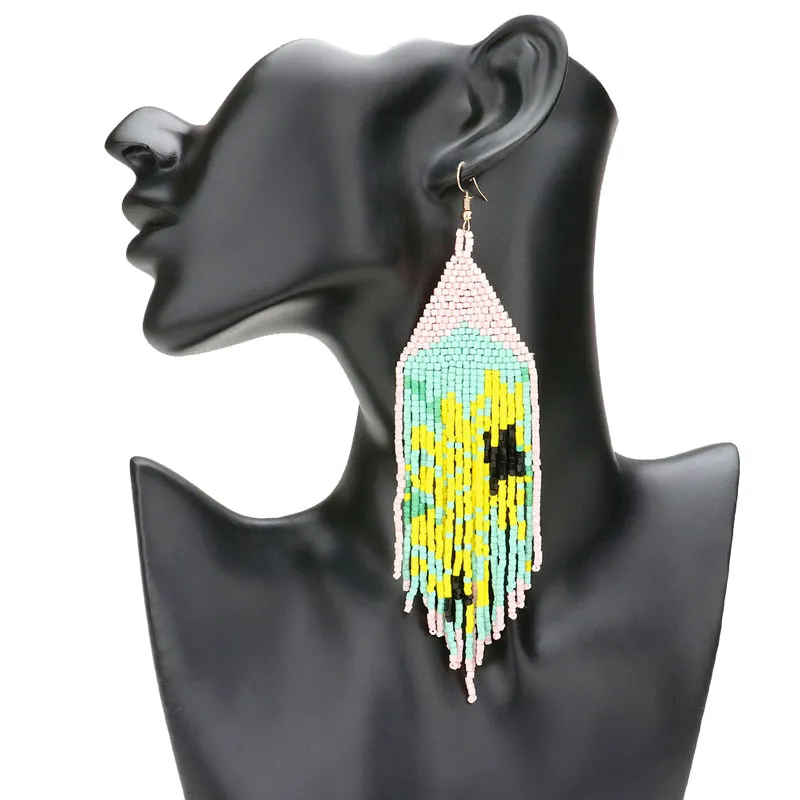 Pattern Detailed Beaded Fringe Dangle Earrings