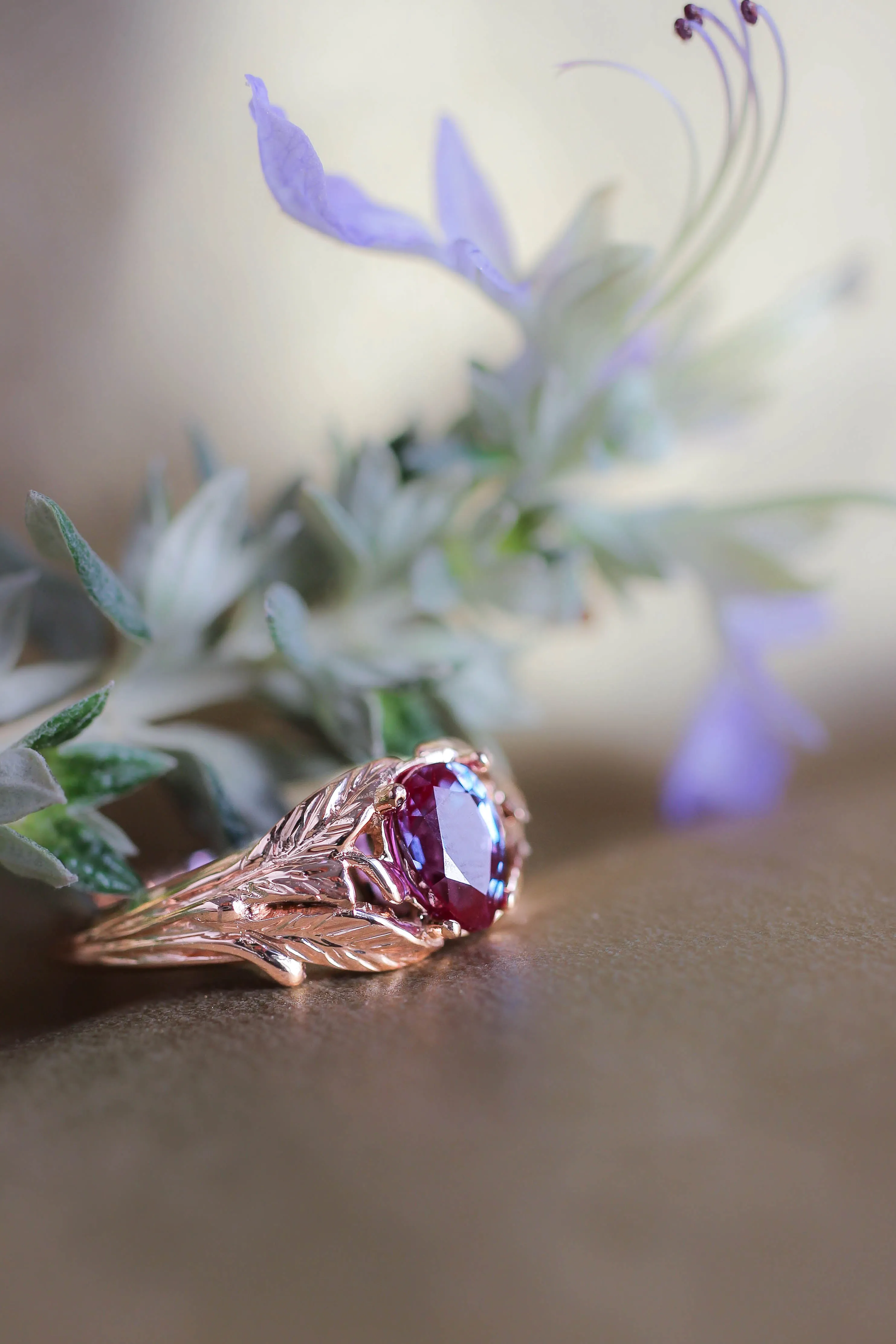 Pear alexandrite ring, gold leaves engagement ring / Wisteria