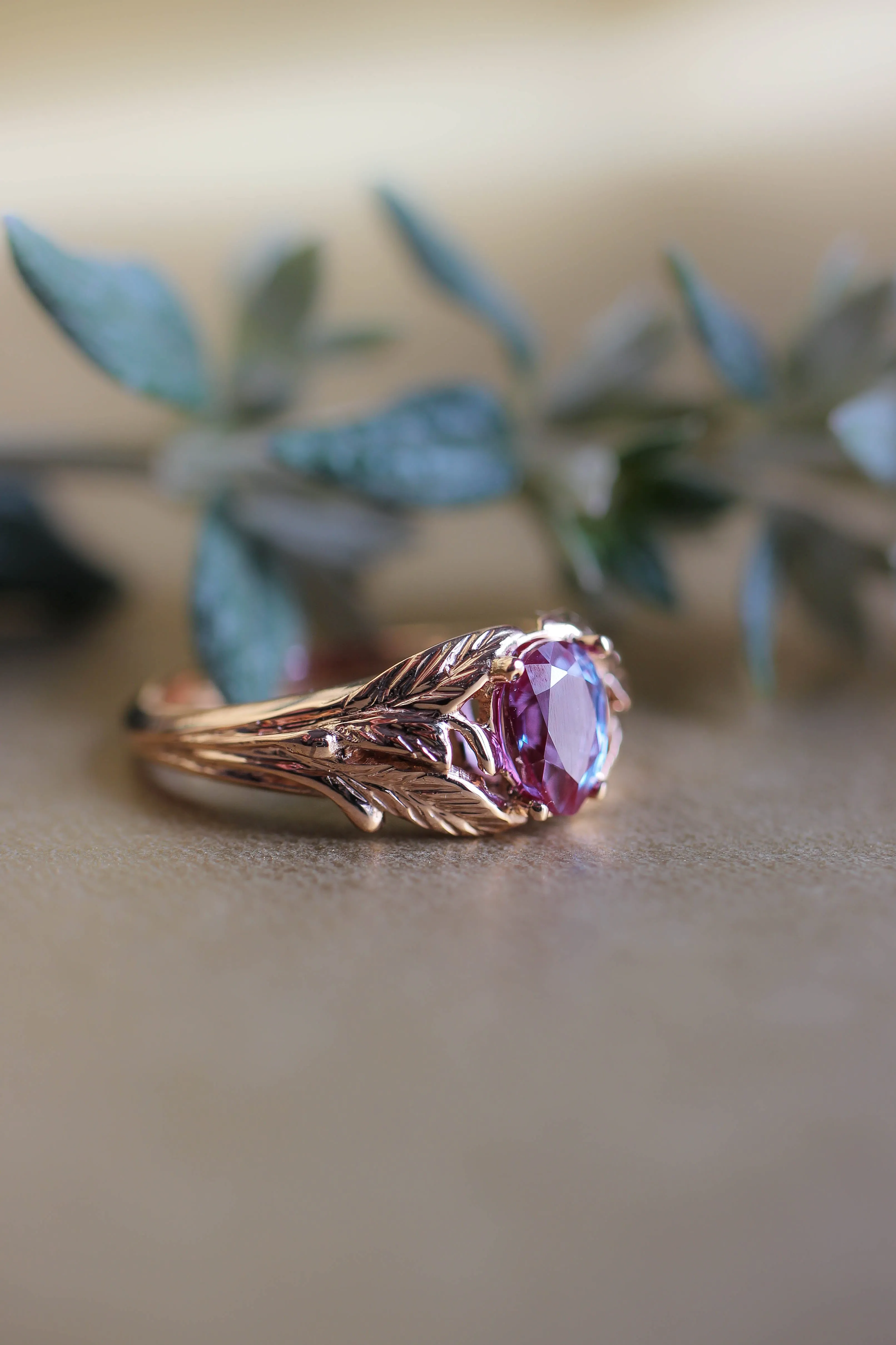 Pear alexandrite ring, gold leaves engagement ring / Wisteria