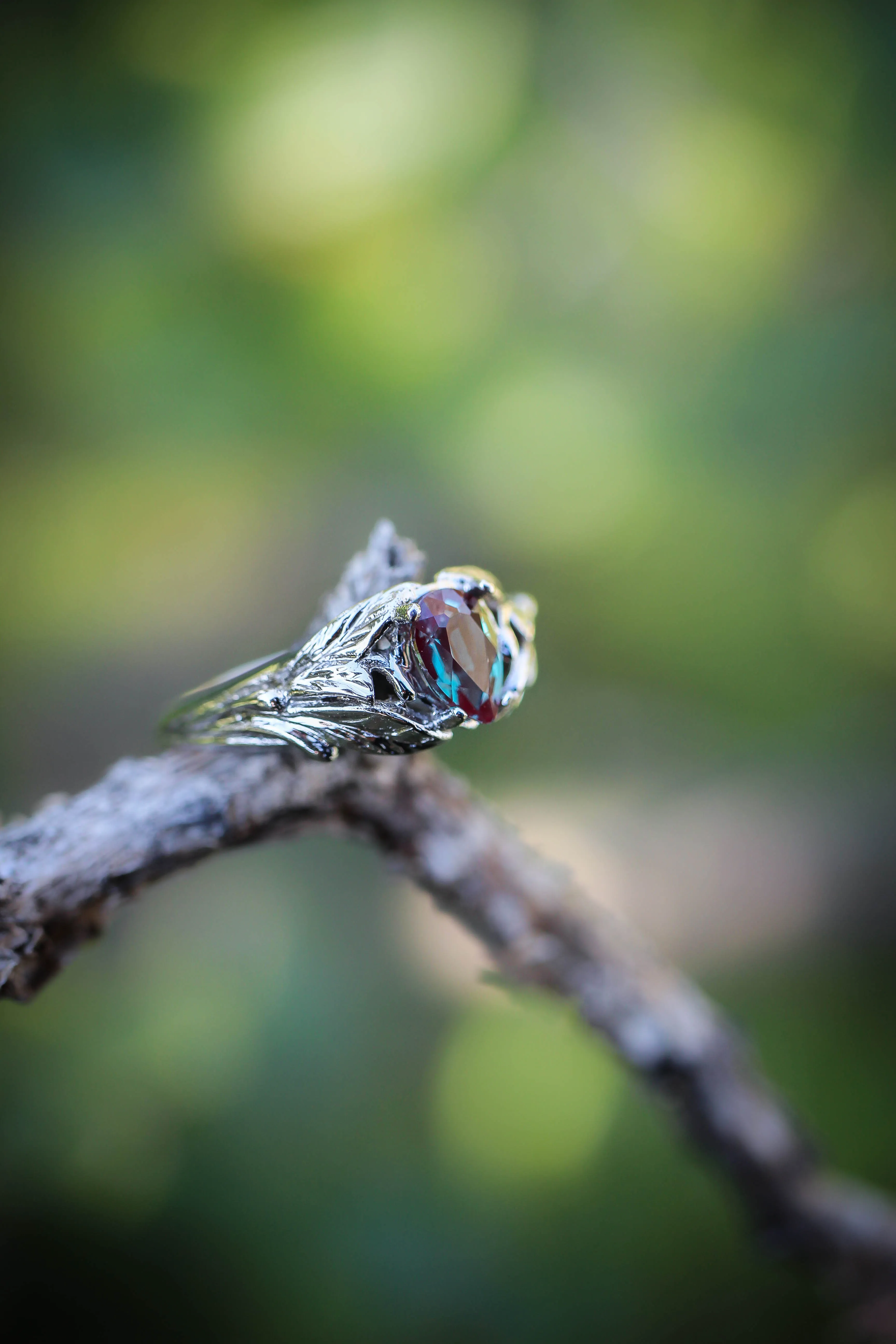 Pear alexandrite ring, gold leaves engagement ring / Wisteria