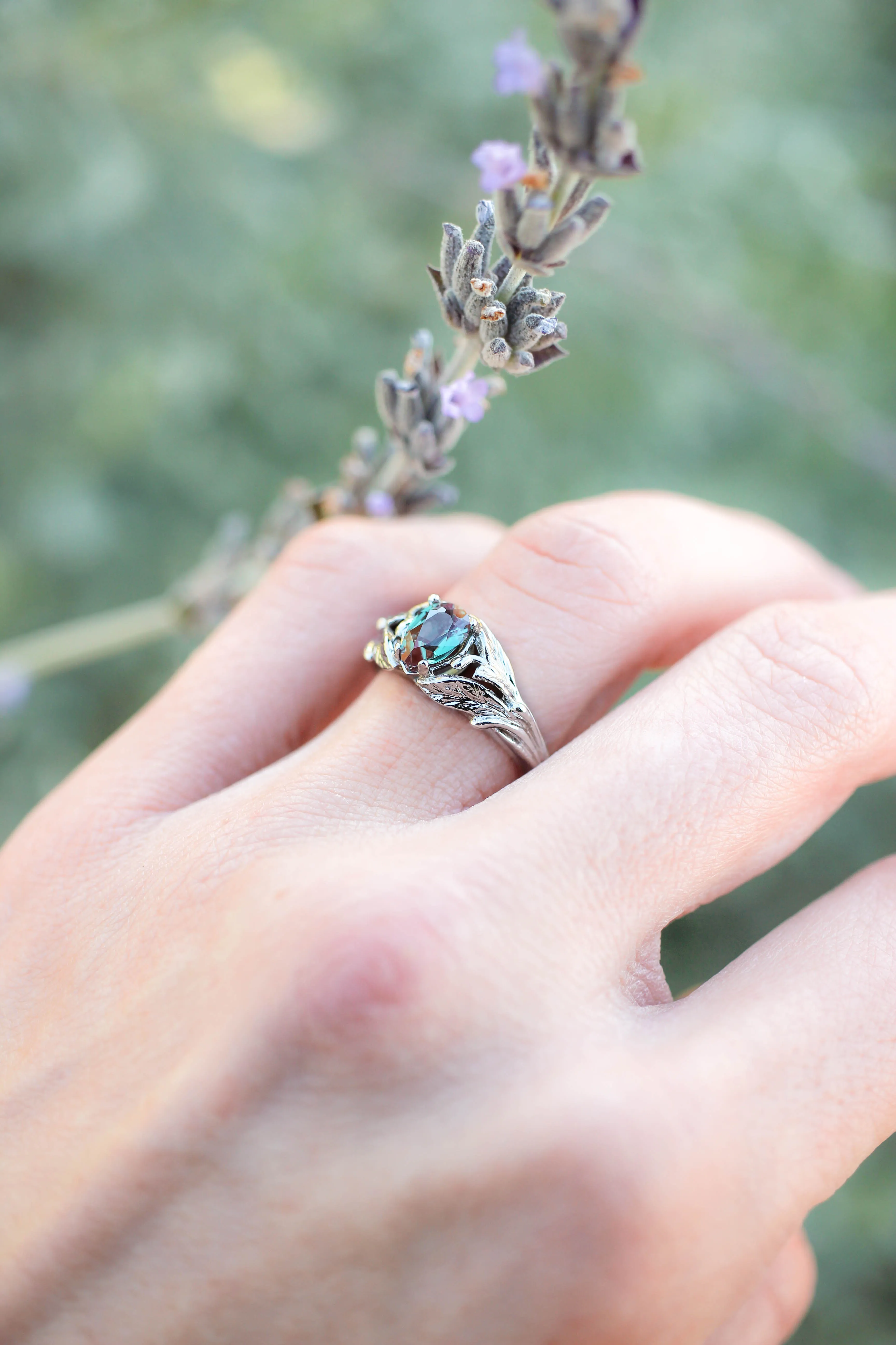 Pear alexandrite ring, gold leaves engagement ring / Wisteria