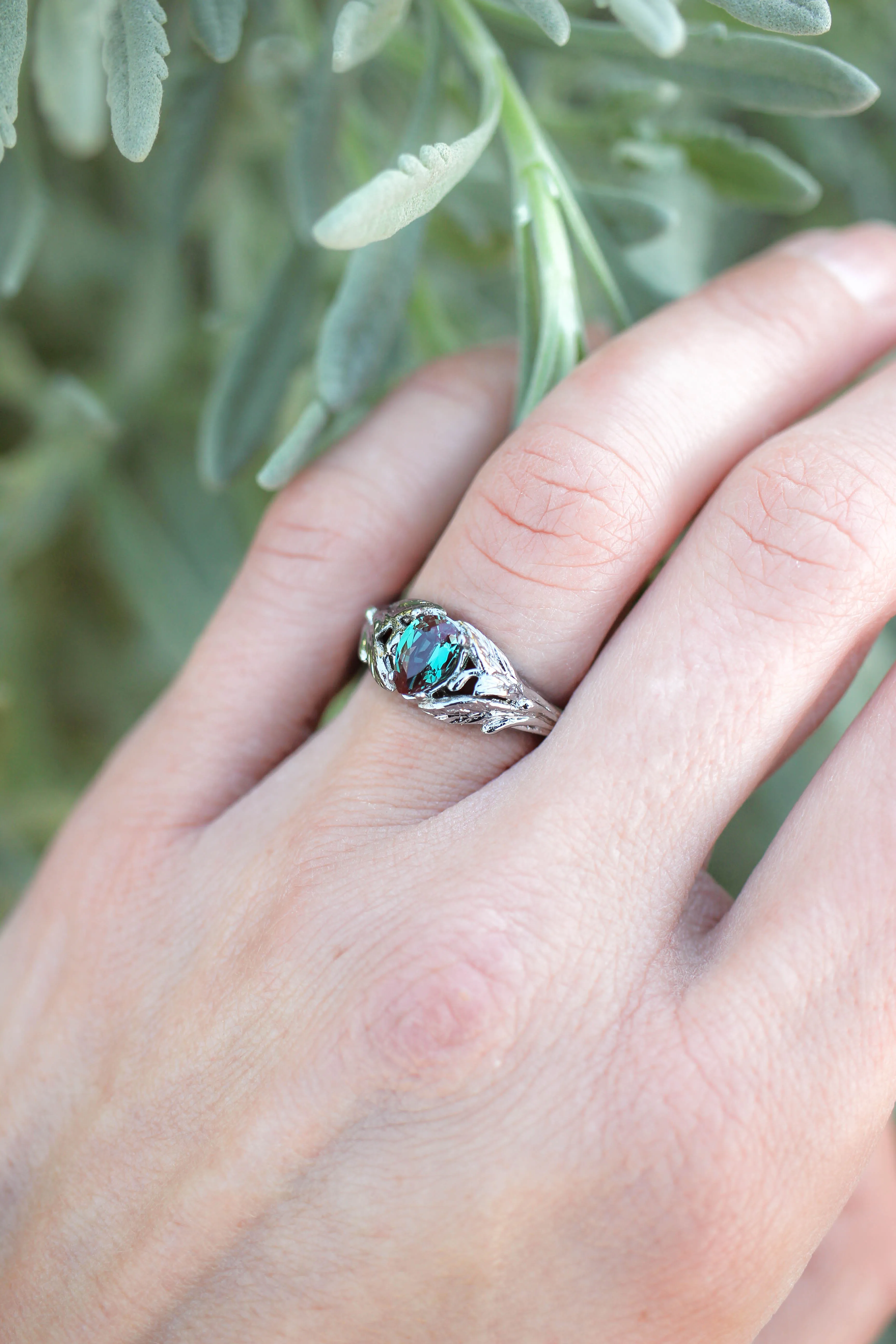 Pear alexandrite ring, gold leaves engagement ring / Wisteria