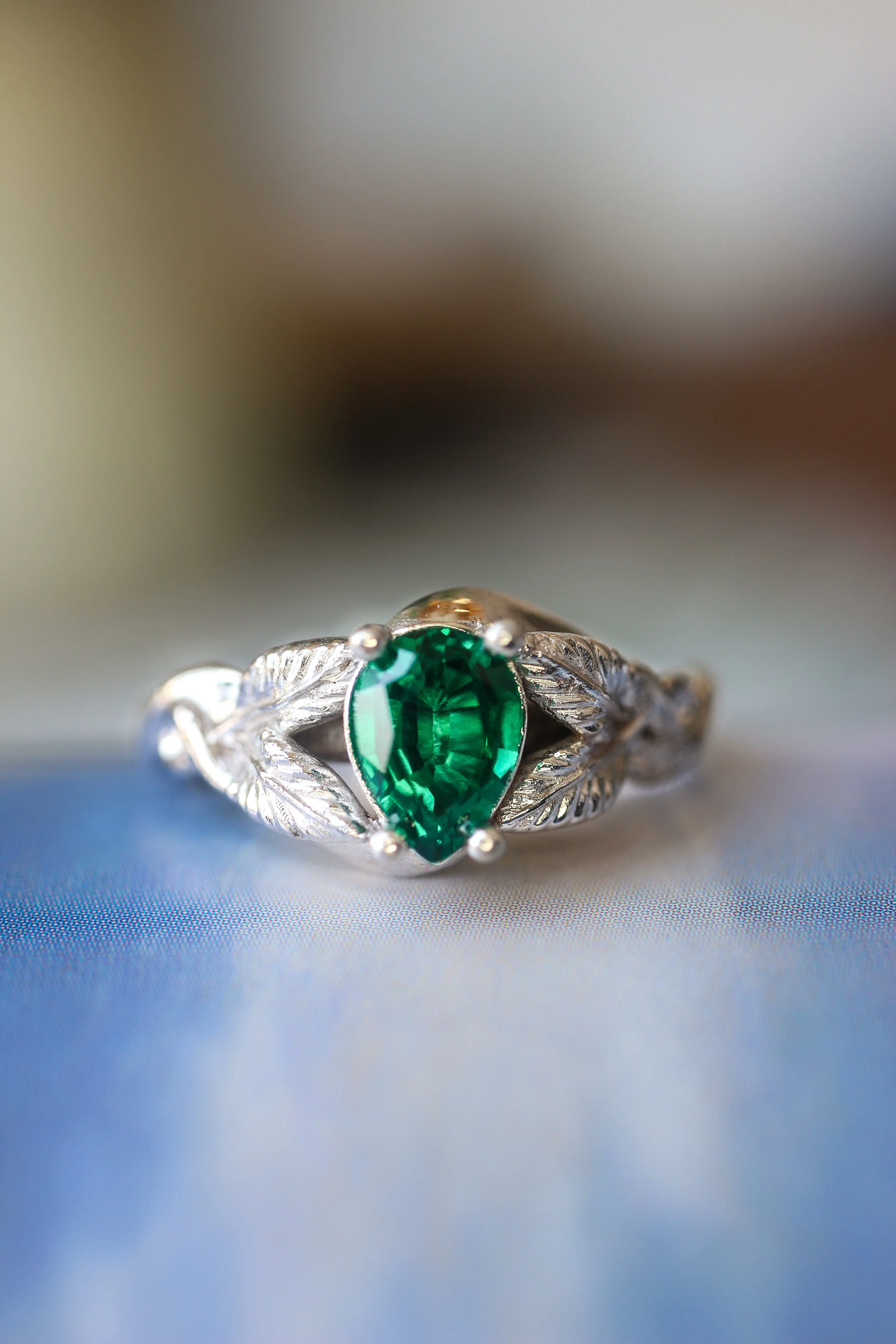 Pear cut lab emerald engagement ring / Azalea