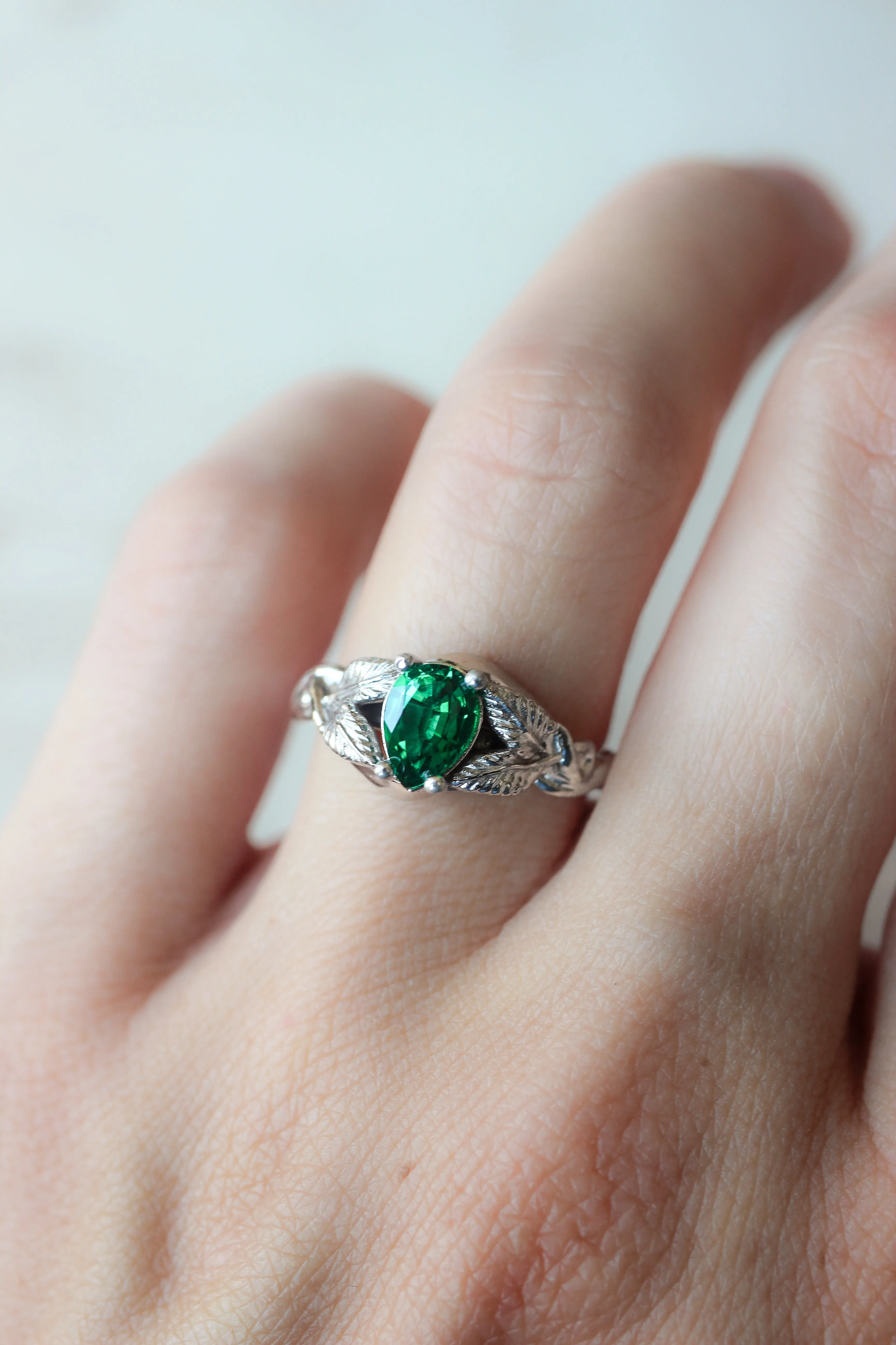 Pear cut lab emerald engagement ring / Azalea