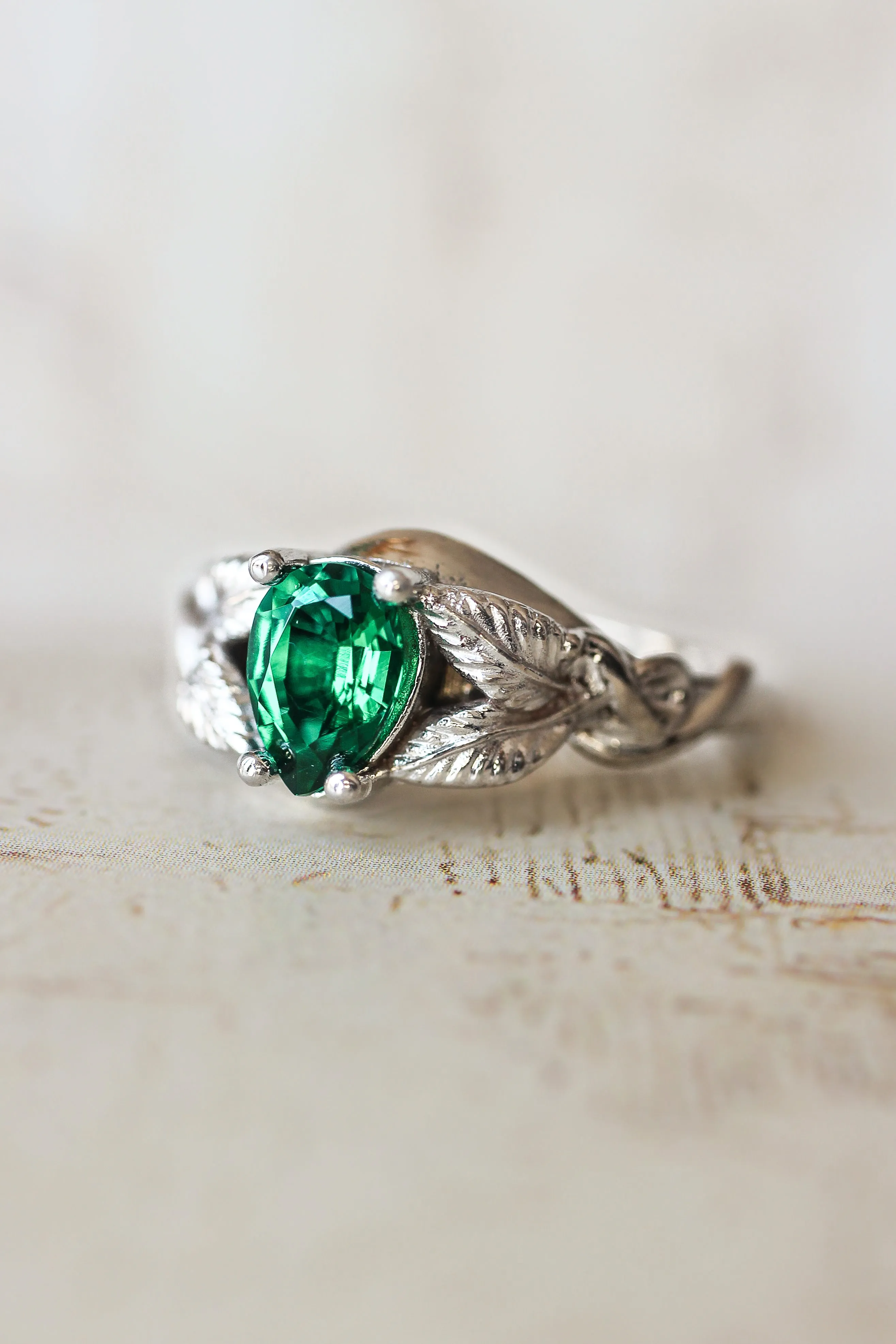 Pear cut lab emerald engagement ring / Azalea