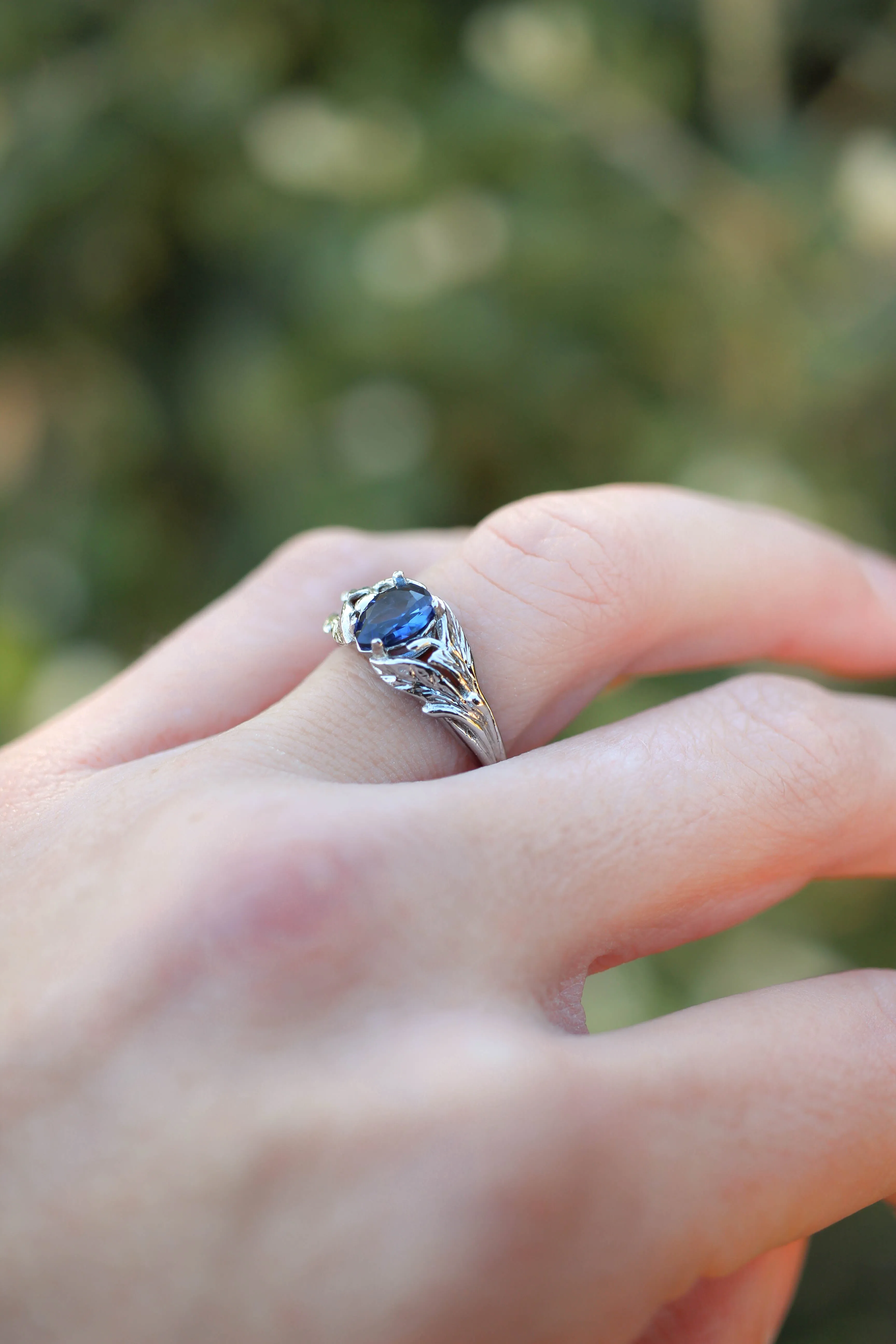 Pear cut sapphire ring, nature engagement ring / Wisteria