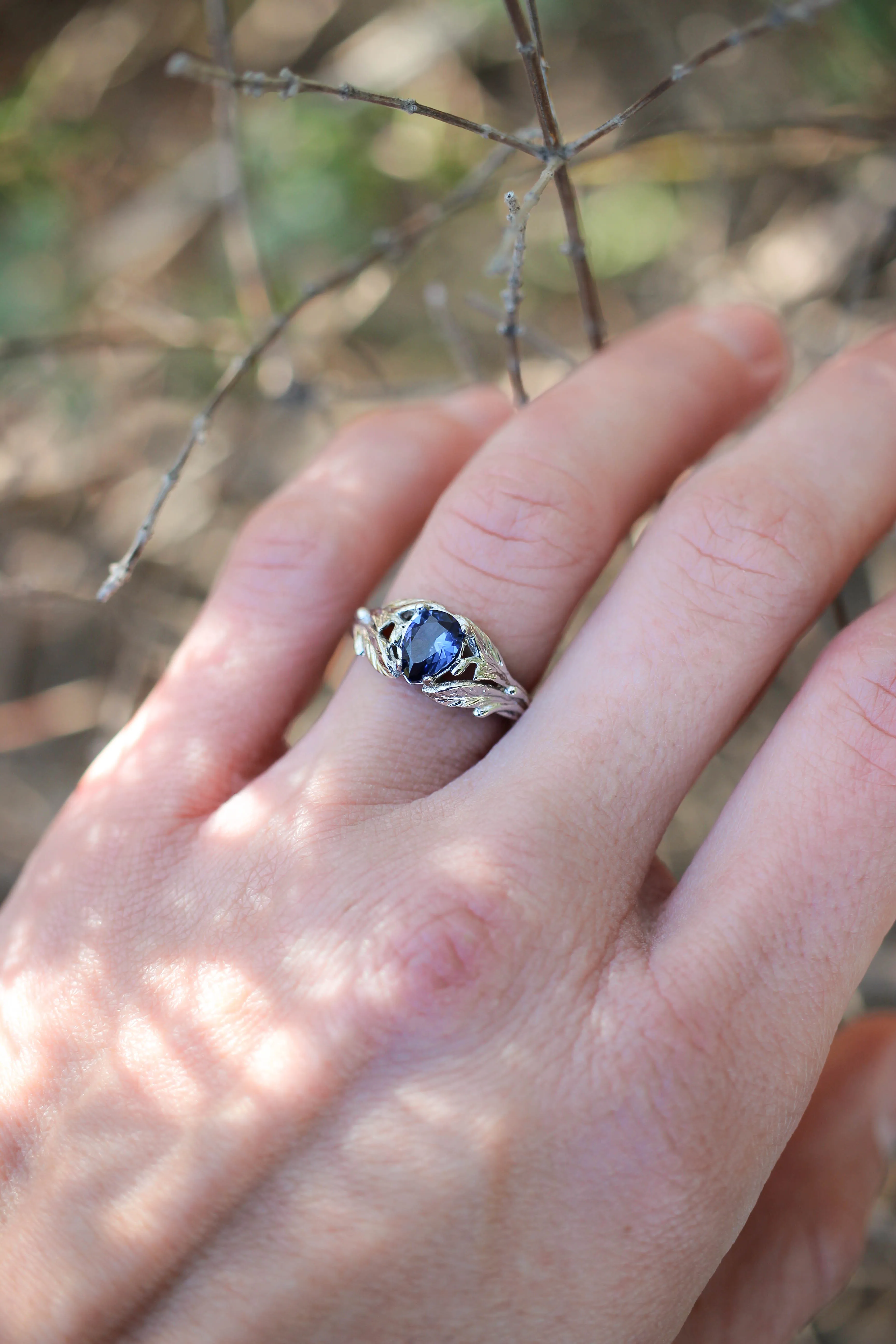 Pear cut sapphire ring, nature engagement ring / Wisteria