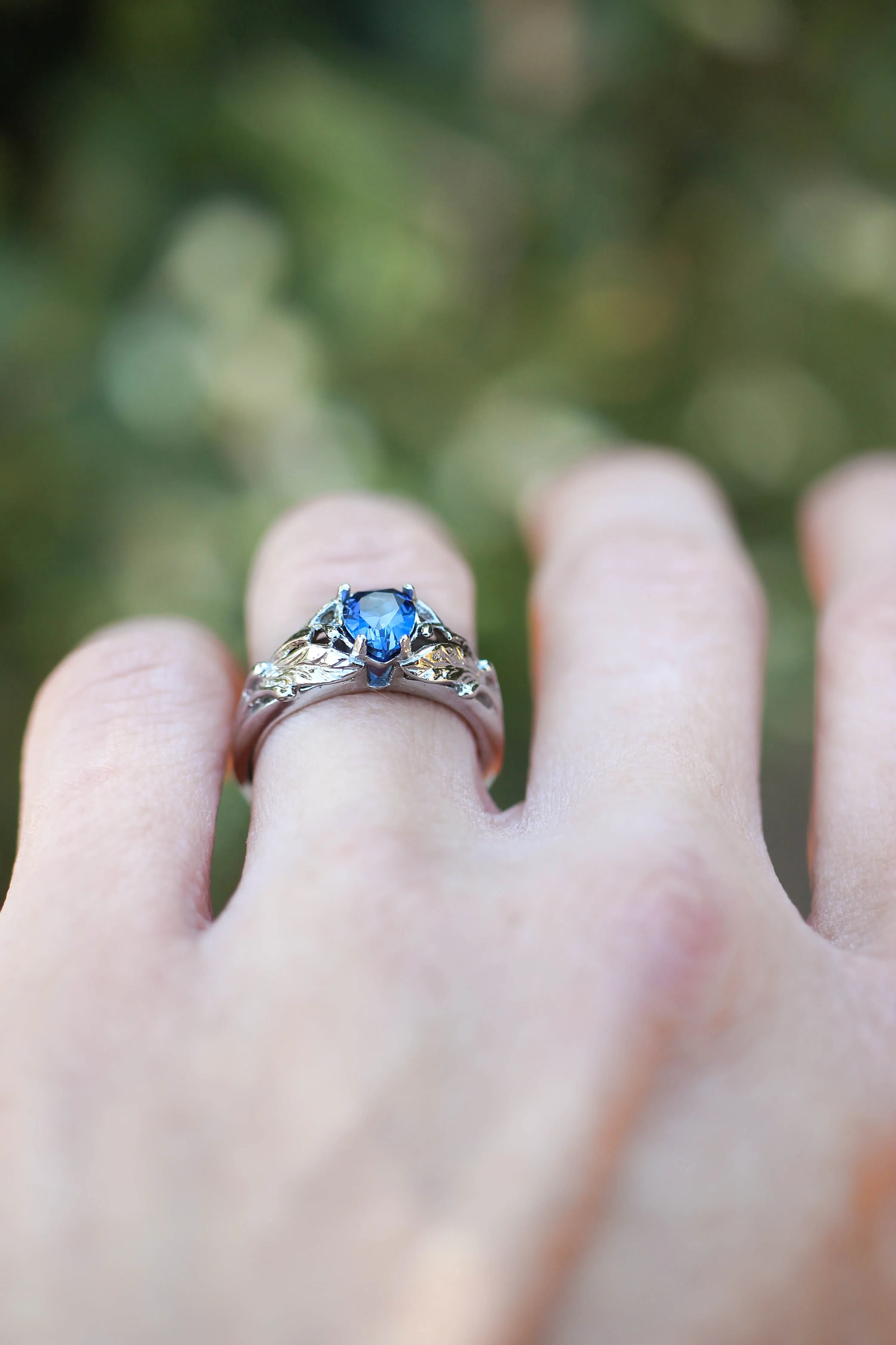 Pear cut sapphire ring, nature engagement ring / Wisteria