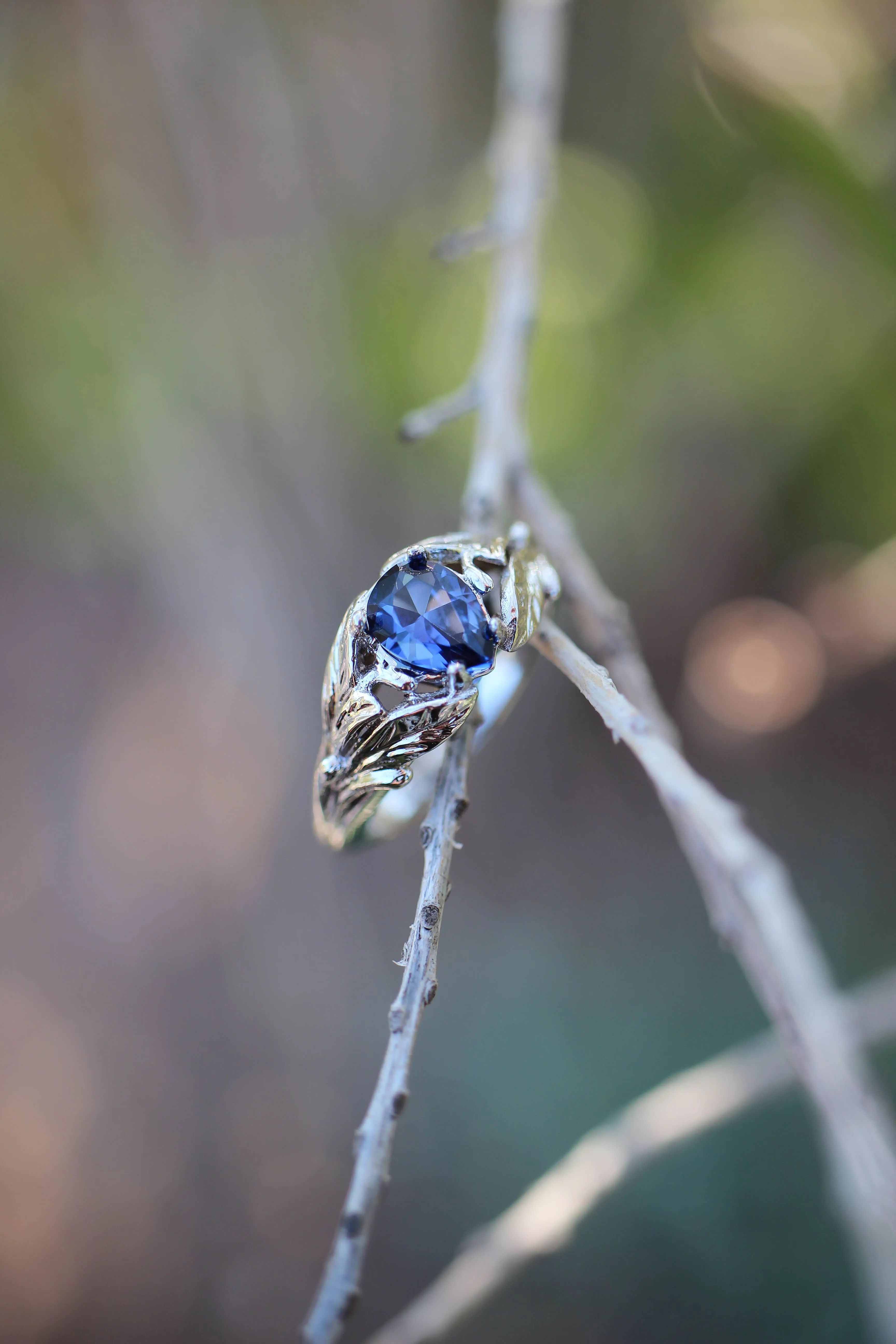 Pear cut sapphire ring, nature engagement ring / Wisteria