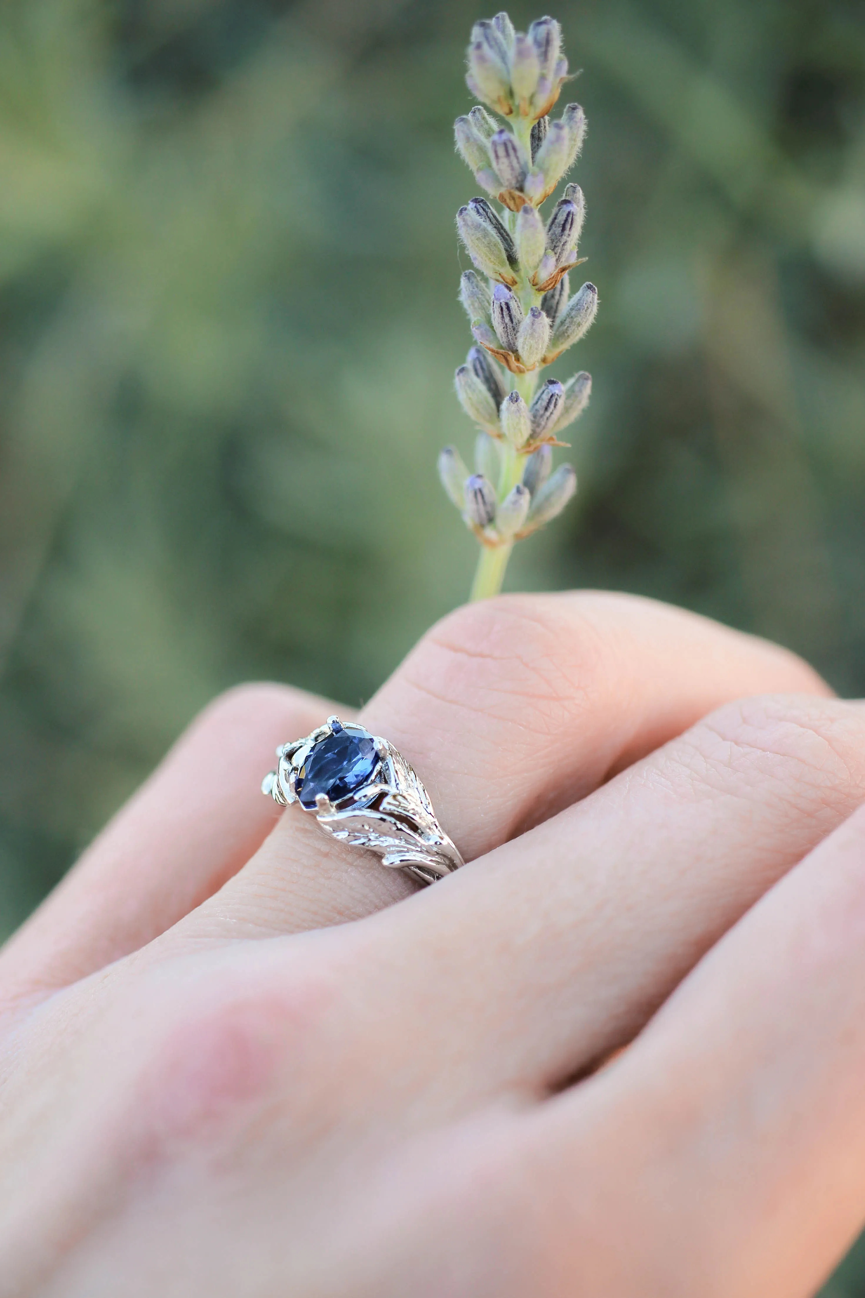 Pear cut sapphire ring, nature engagement ring / Wisteria