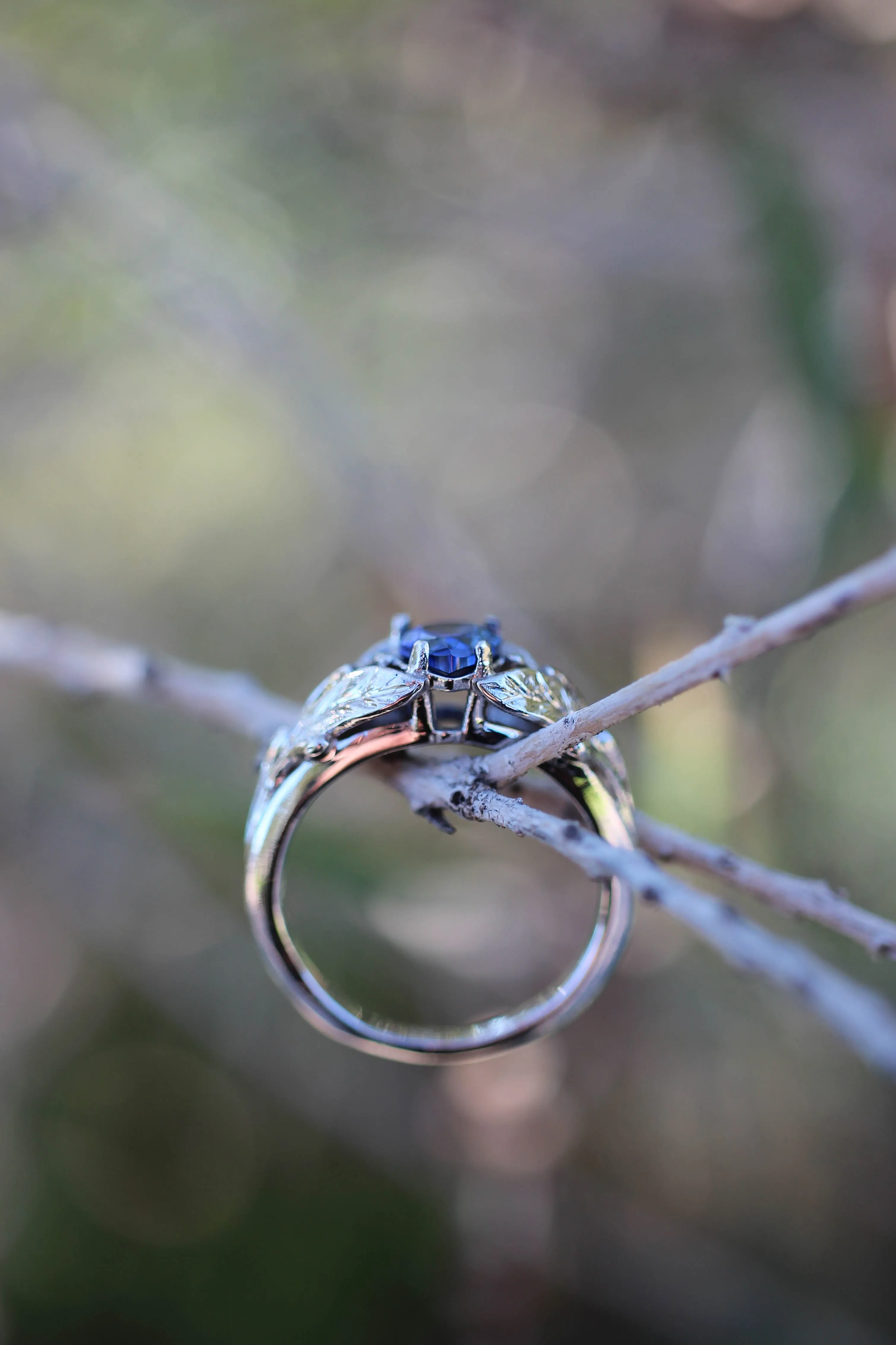 Pear cut sapphire ring, nature engagement ring / Wisteria