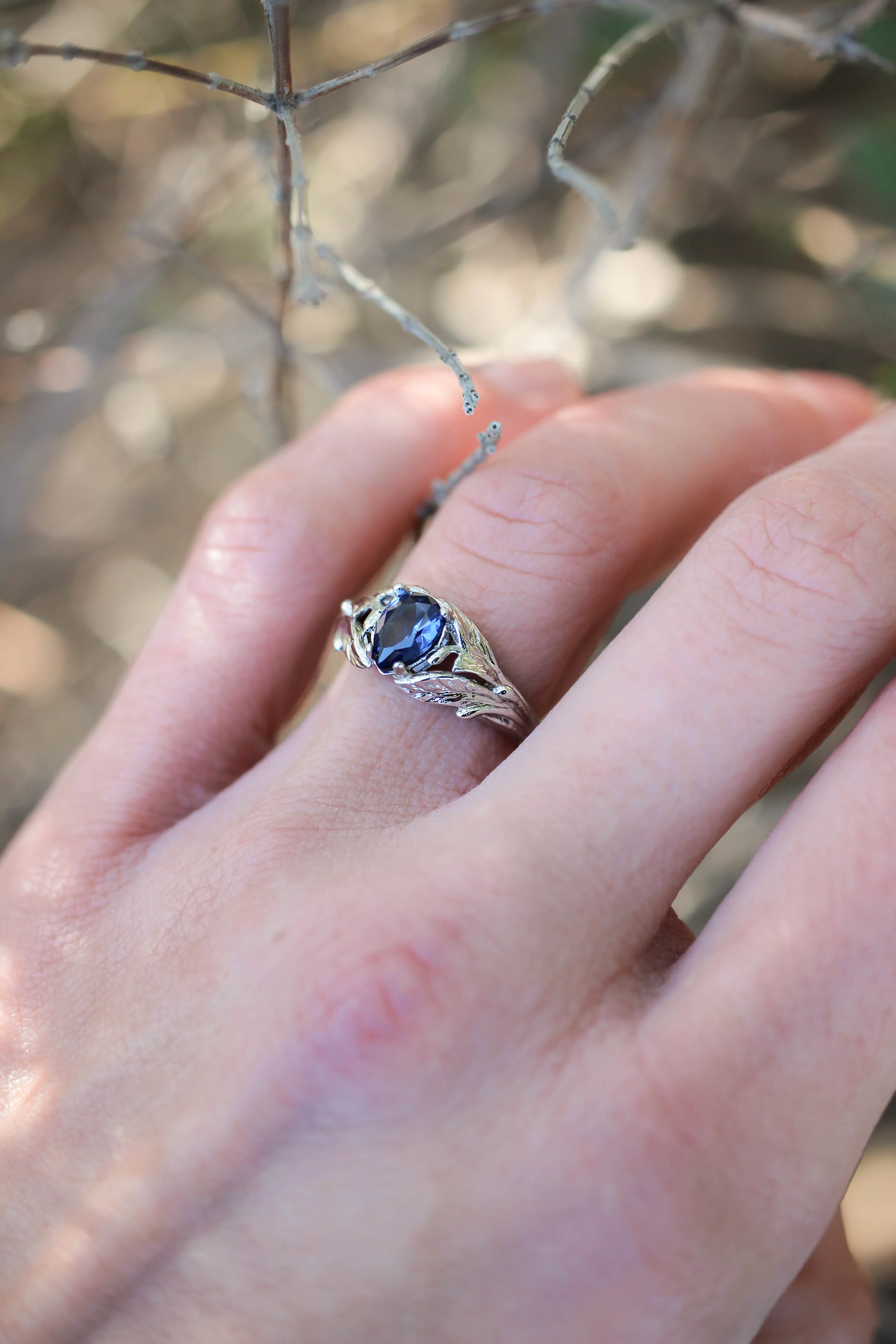 Pear cut sapphire ring, nature engagement ring / Wisteria