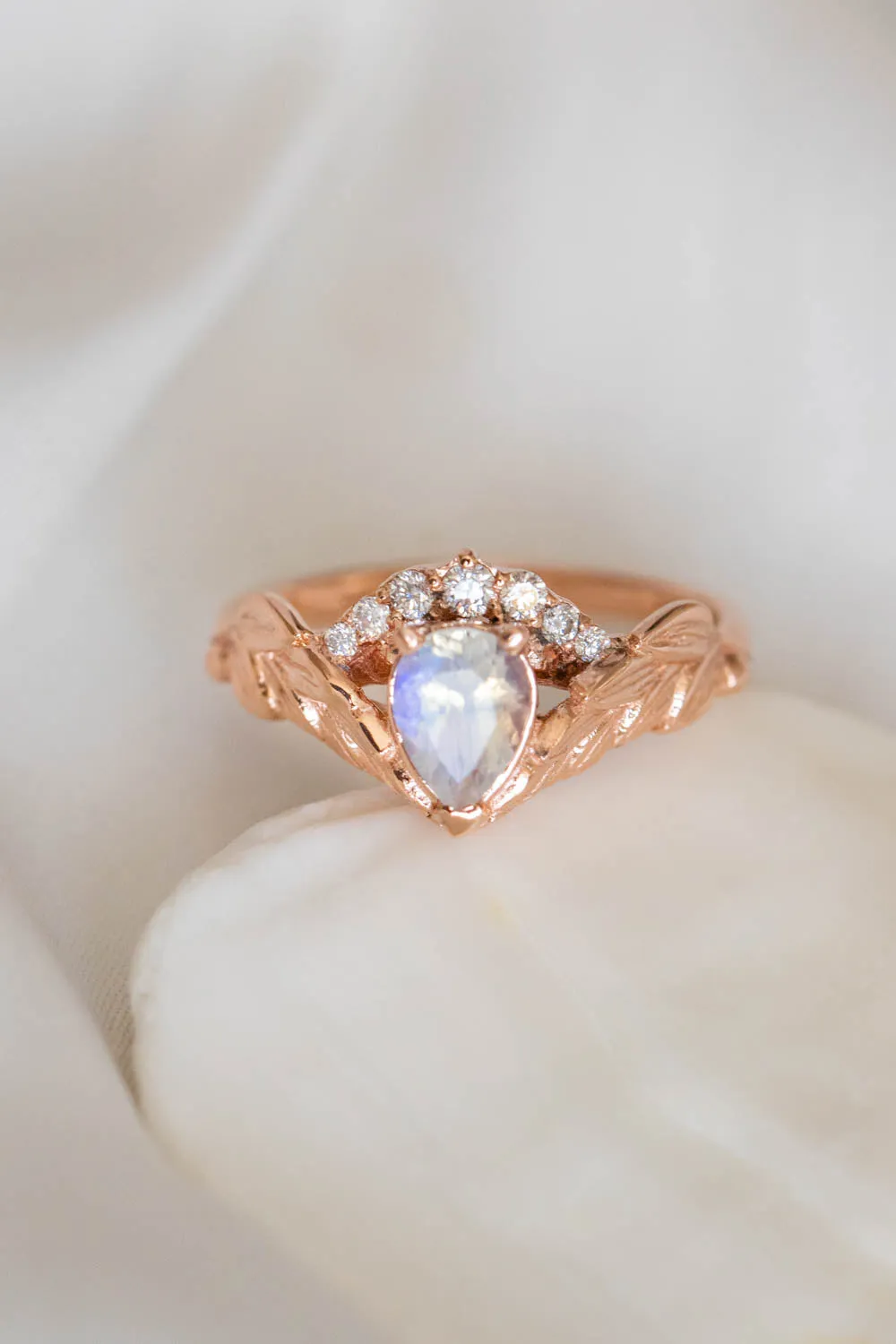 Pear moonstone engagement ring set, diamond crown gold leaves bridal ring set / Palmira Crown