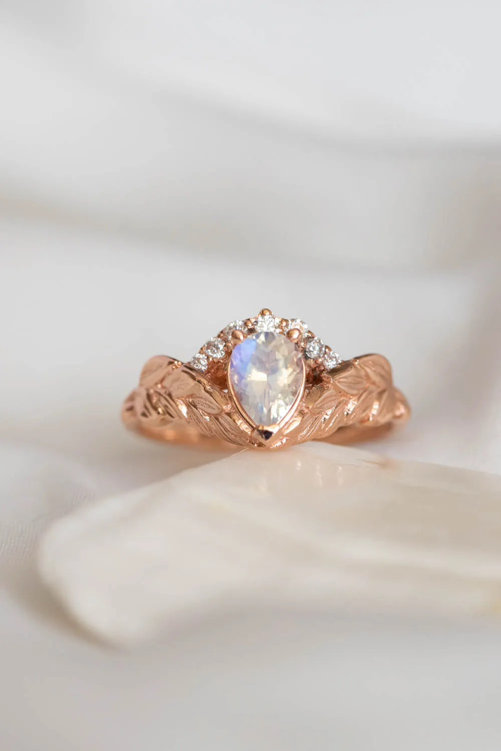 Pear moonstone engagement ring set, diamond crown gold leaves bridal ring set / Palmira Crown