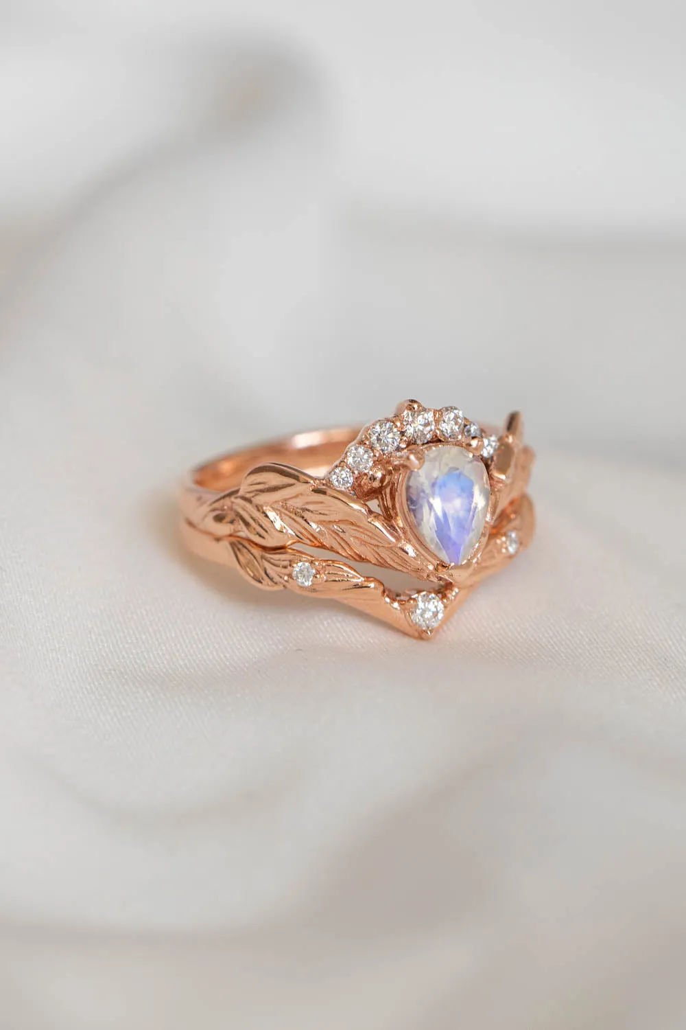 Pear moonstone engagement ring set, diamond crown gold leaves bridal ring set / Palmira Crown