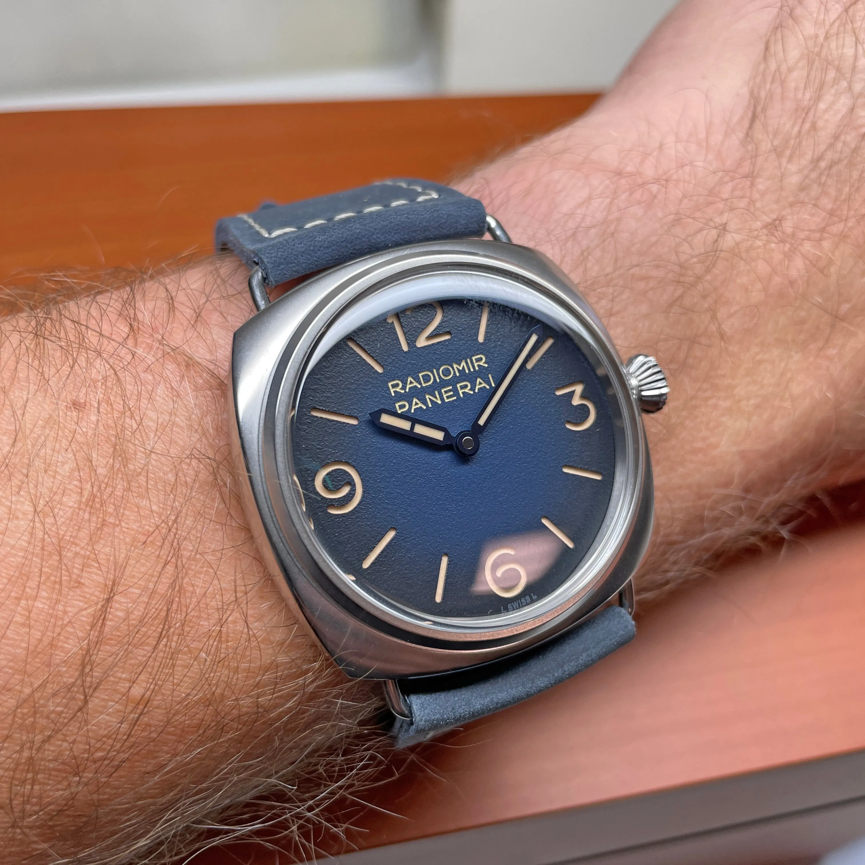 Pre-owned Panerai Radiomir Tre Giorni Blue Suede PAM01335 - 45mm Watch