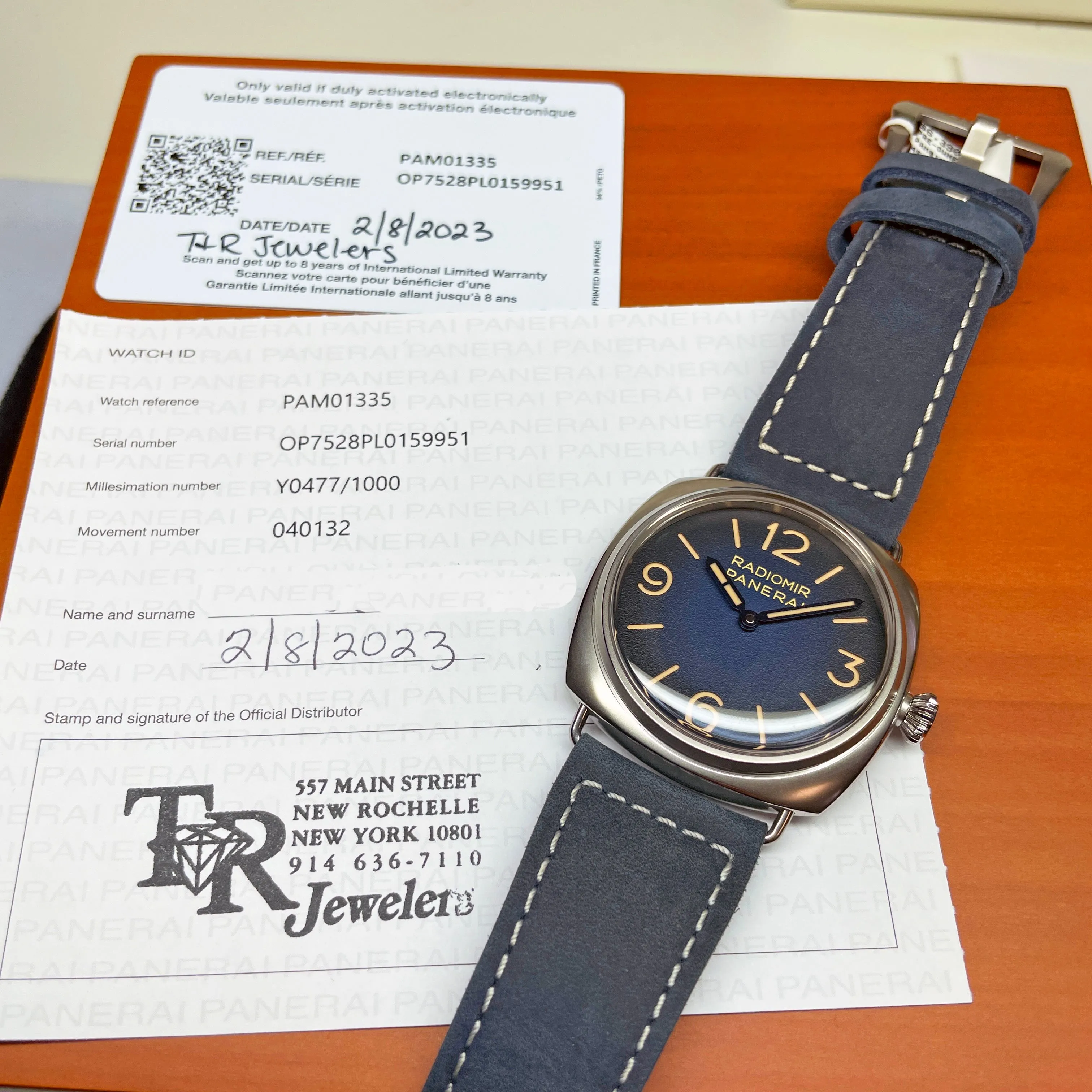 Pre-owned Panerai Radiomir Tre Giorni Blue Suede PAM01335 - 45mm Watch