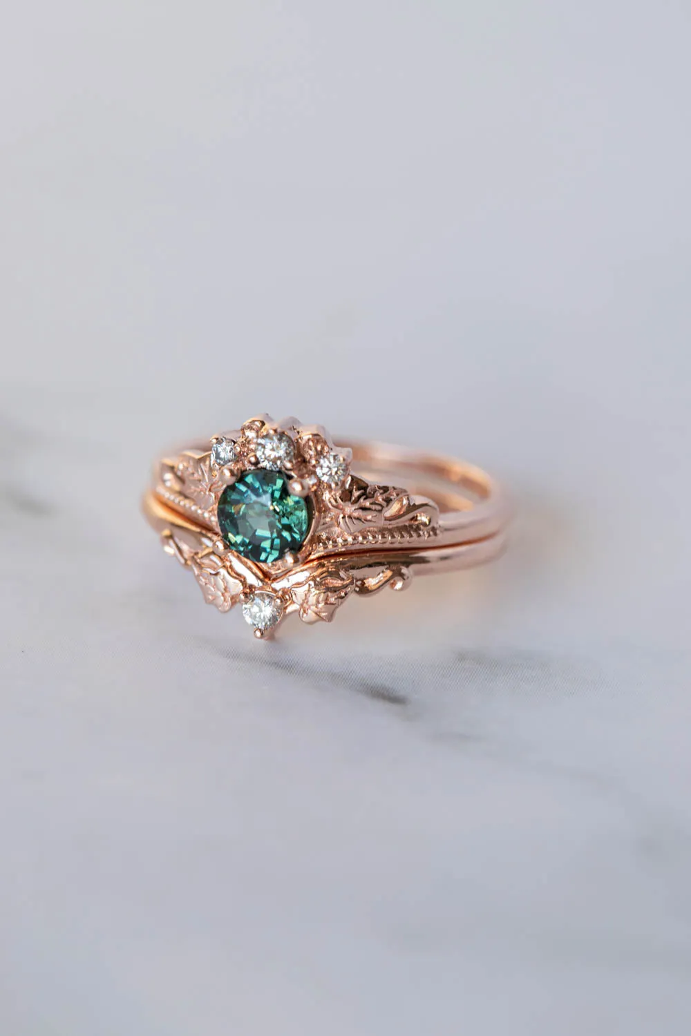 READY TO SHIP: Ariadne set in 14K rose gold, natural teal sapphire round cut 5 mm, diamonds, RING SIZE 7 US