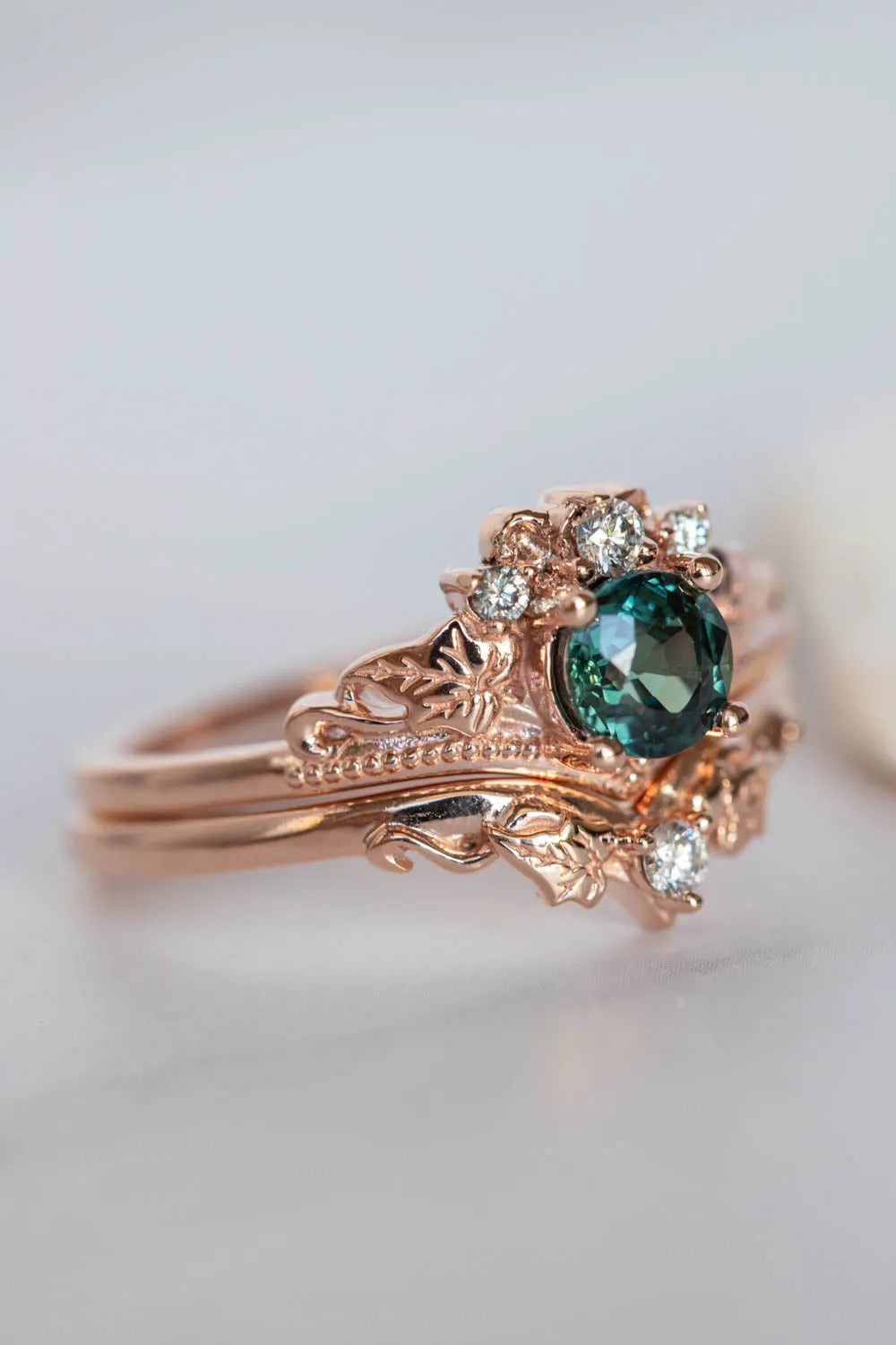 READY TO SHIP: Ariadne set in 14K rose gold, natural teal sapphire round cut 5 mm, diamonds, RING SIZE 7 US