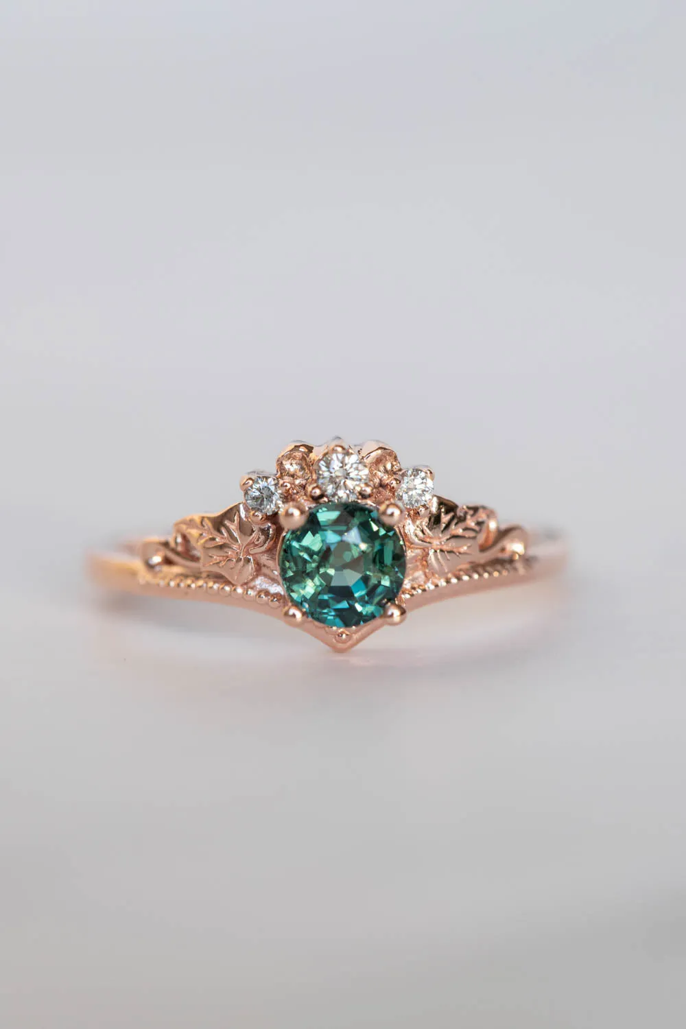 READY TO SHIP: Ariadne set in 14K rose gold, natural teal sapphire round cut 5 mm, diamonds, RING SIZE 7 US